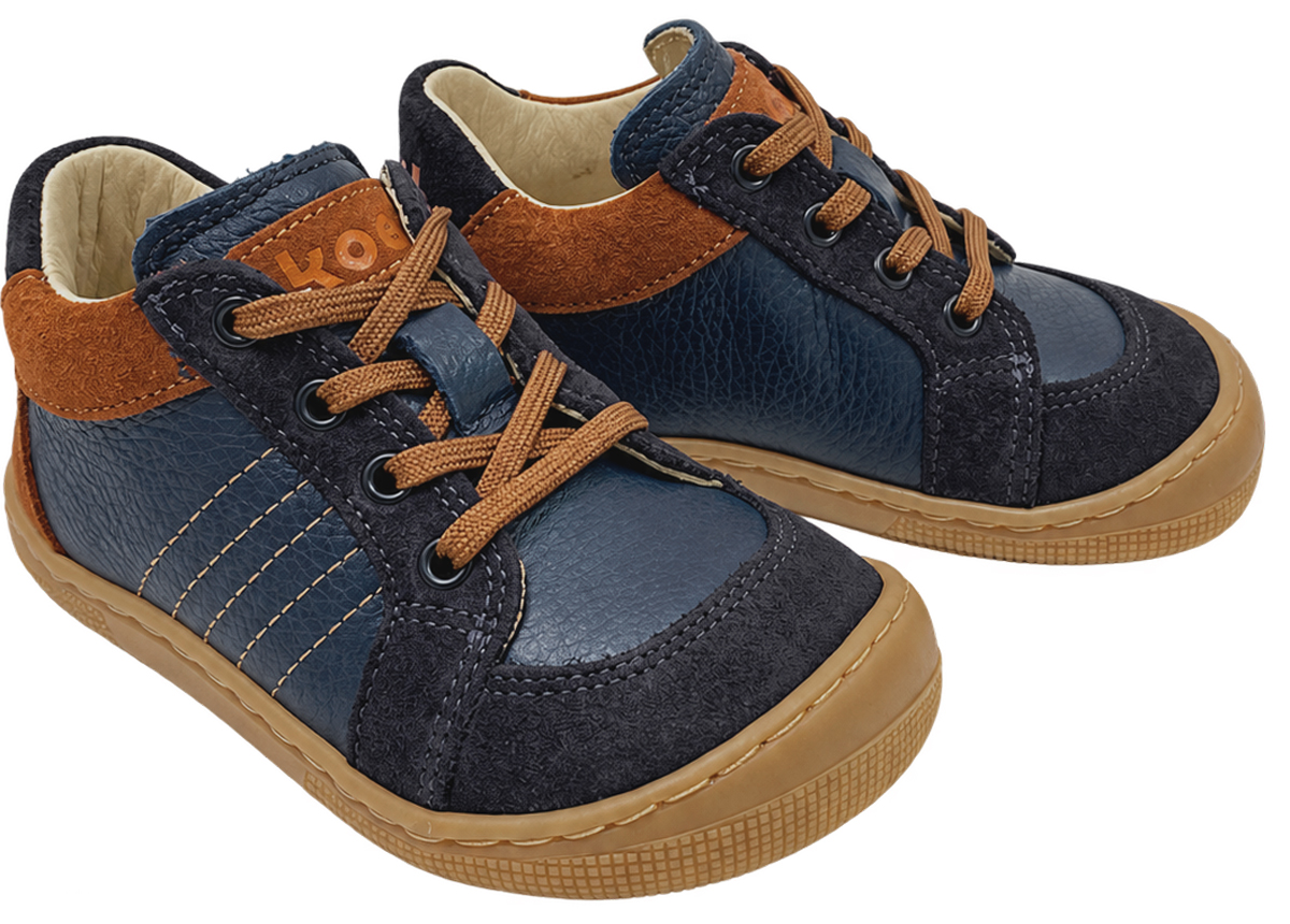 Barfußschuhe halbhoch aus Leder zum schnüren von KOEL Barefoot * DION in Navy /Braun 07M065.301