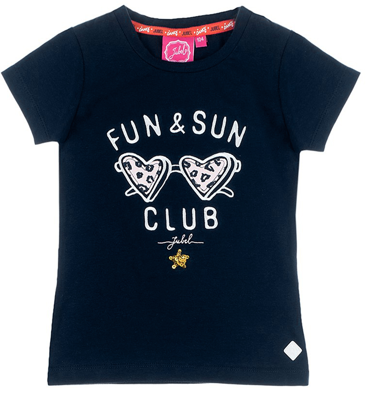 Wertig besticktes T-Shirt in Navy Blau mit Herzchen im Leo Muster von JUBEL " Funbird" 0250