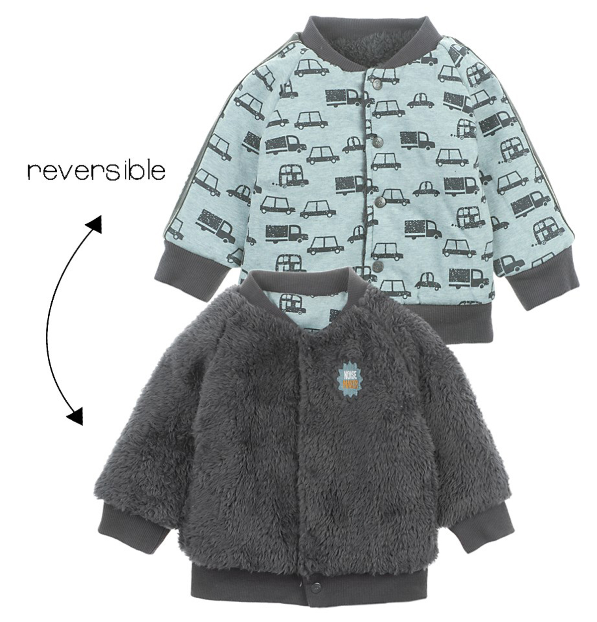 Teddyplüschjacke zum wenden - Plüsch Uni Grau -> Bio BW Jersey mit "CARS " Print  FEETJE 0370