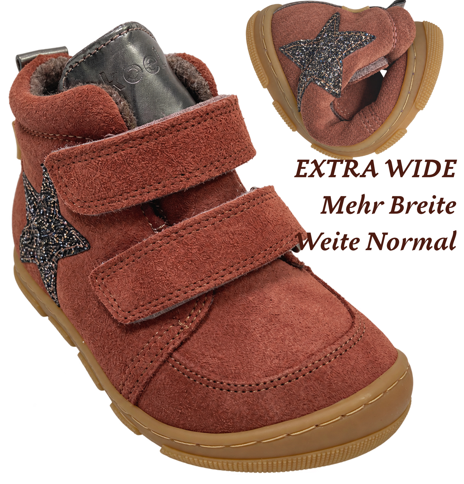 Schurwoll gefütterter Leder Stiefel halbhoch in Old Pink Glitzer Stern von KOEL Barefoot * KIVO Wool* 15T010.302