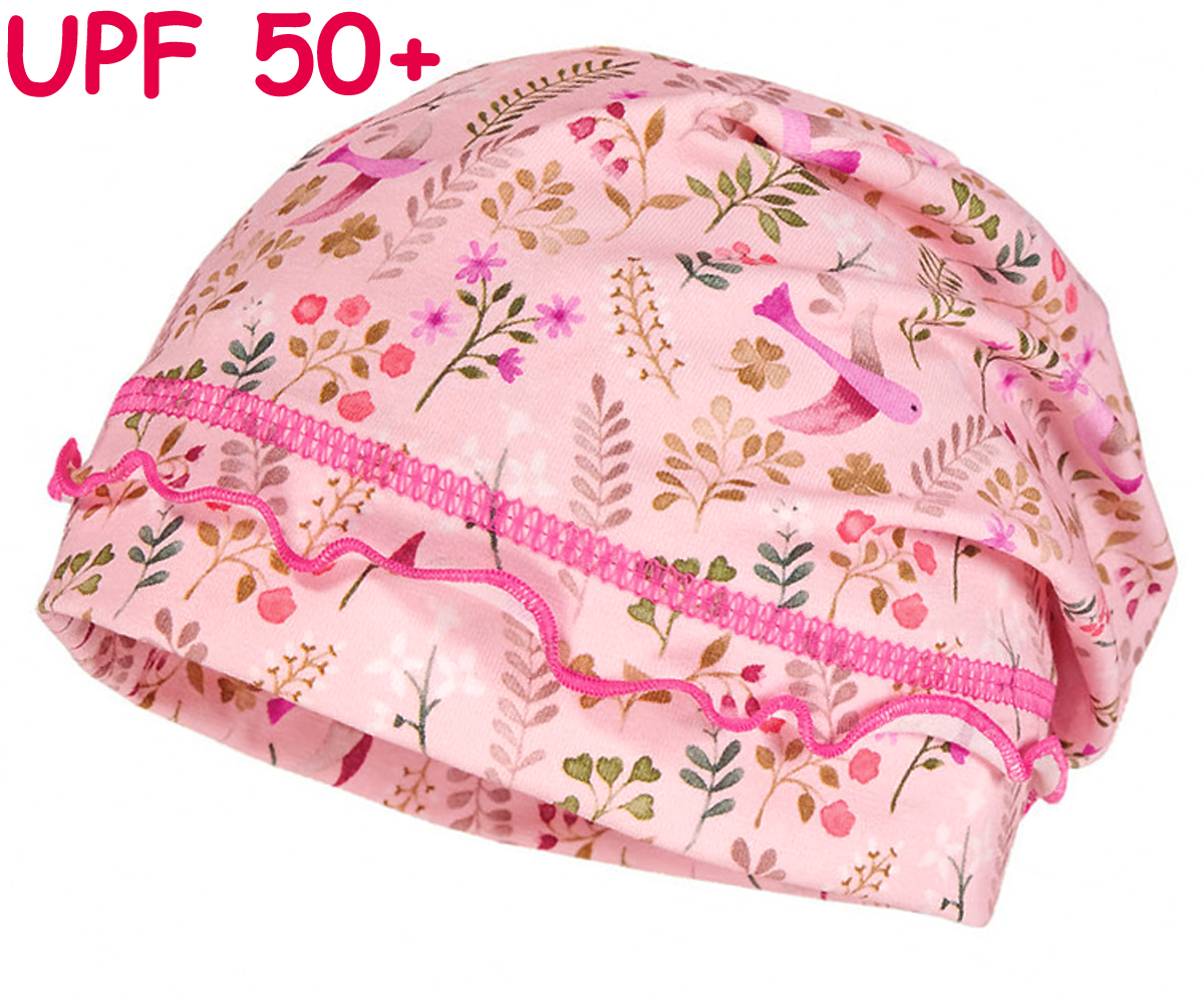 Süßes Beanie aus Rosa gemustertem Jersey mit pinkem Rollsaum UPF 50+ von MAXIMO  078000
