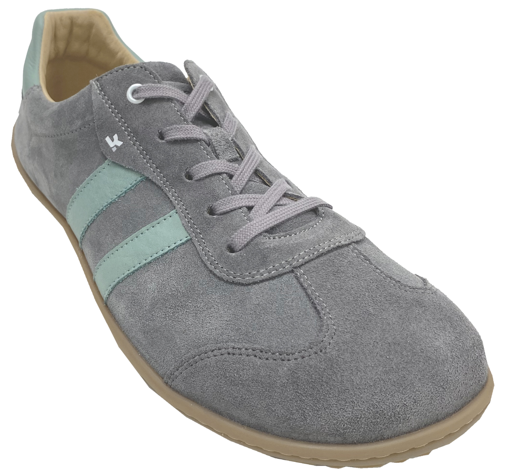 Trendige Sneaker / Barfußschuhe aus Wildleder in Grau mit Türkisem Str. von KOEL "ILO Suede"