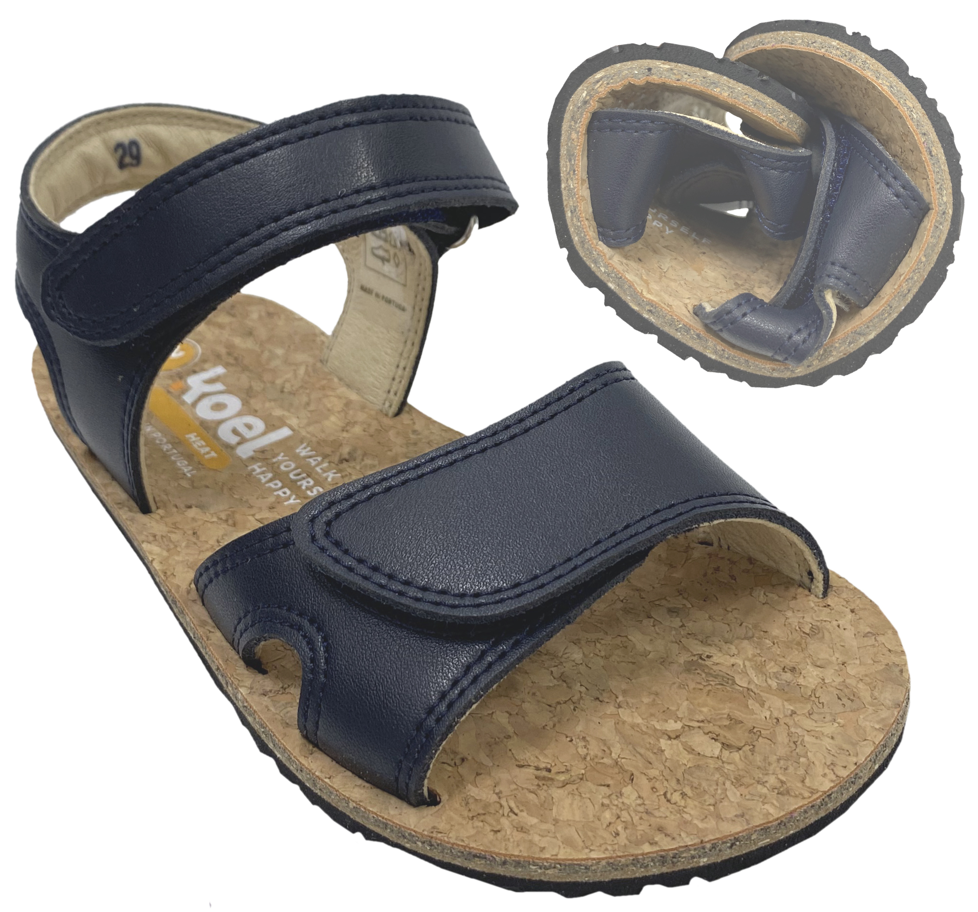 Sandale mit Minimalsohle, Korkbezug und Lederriemchen in Dark Blue von KOEL Barefoot *Ashley Napa*