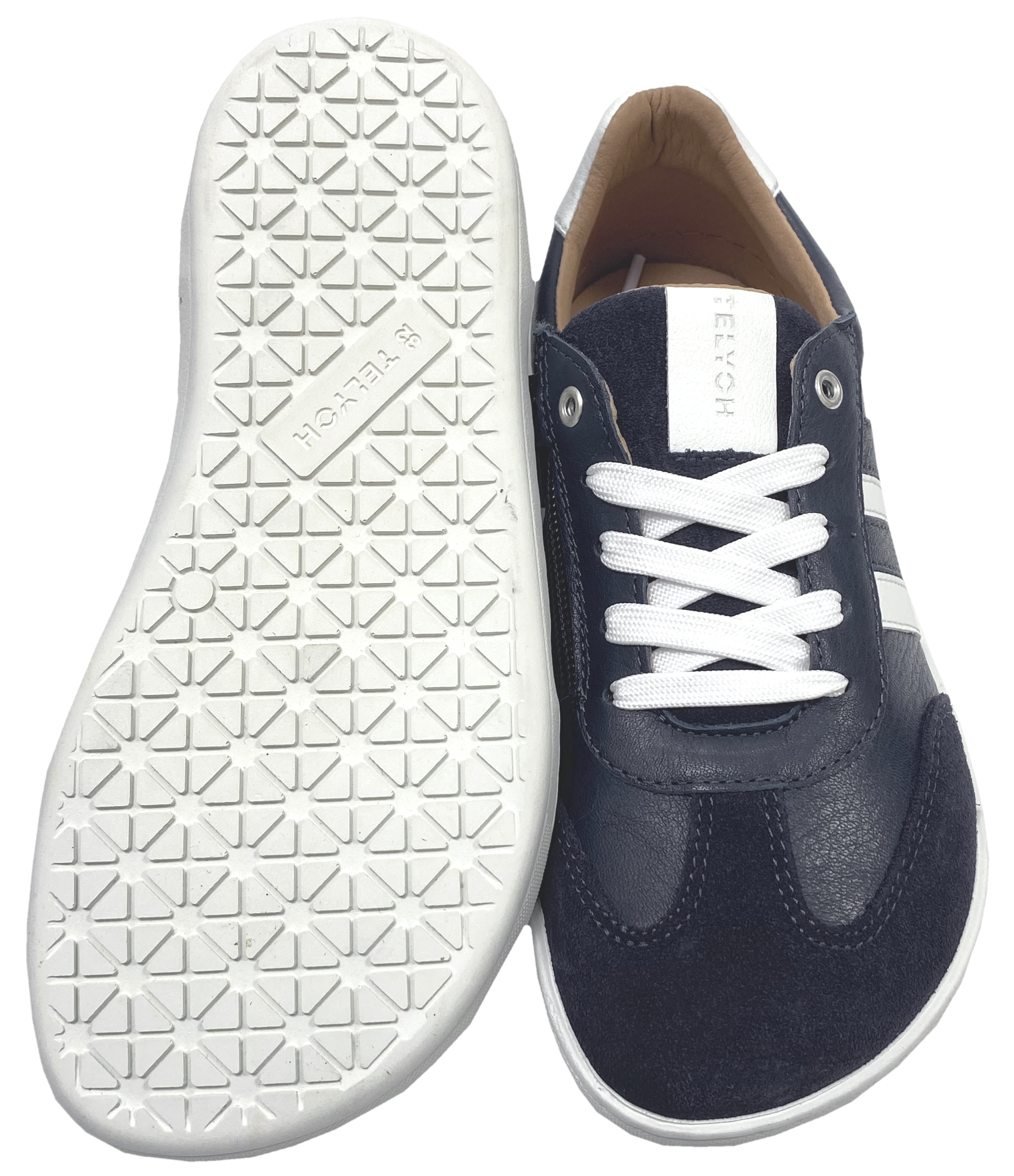 Leder Sneaker / Barfußschuhe + seitliche Zierstr. Schnürer & Zipper in DKL Blue / Weiß von TELYOH Barefoot / Runner