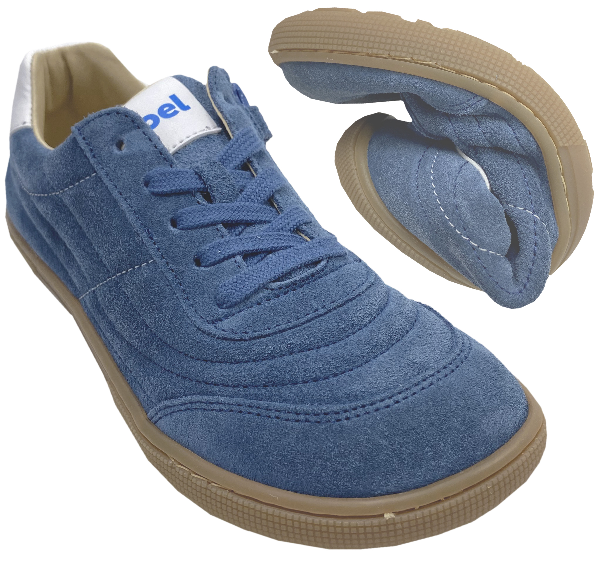 Barfuß Sneaker DUSTIN Suede Leder Jeansblau Schnürer + Reißverschluß von KOEL Barefoot 08M051.301