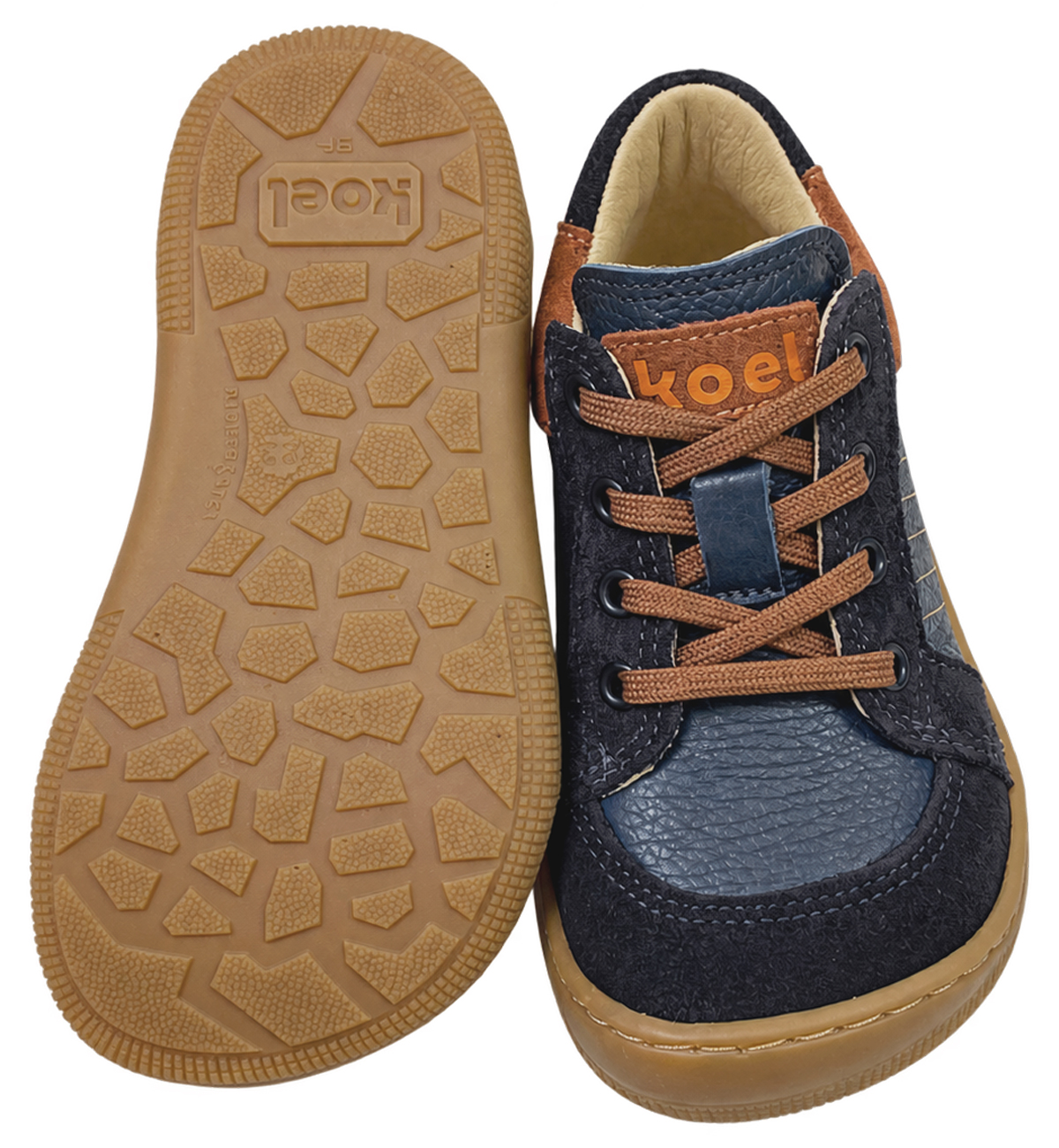 Barfußschuhe halbhoch aus Leder zum schnüren von KOEL Barefoot * DION in Navy /Braun 07M065.301