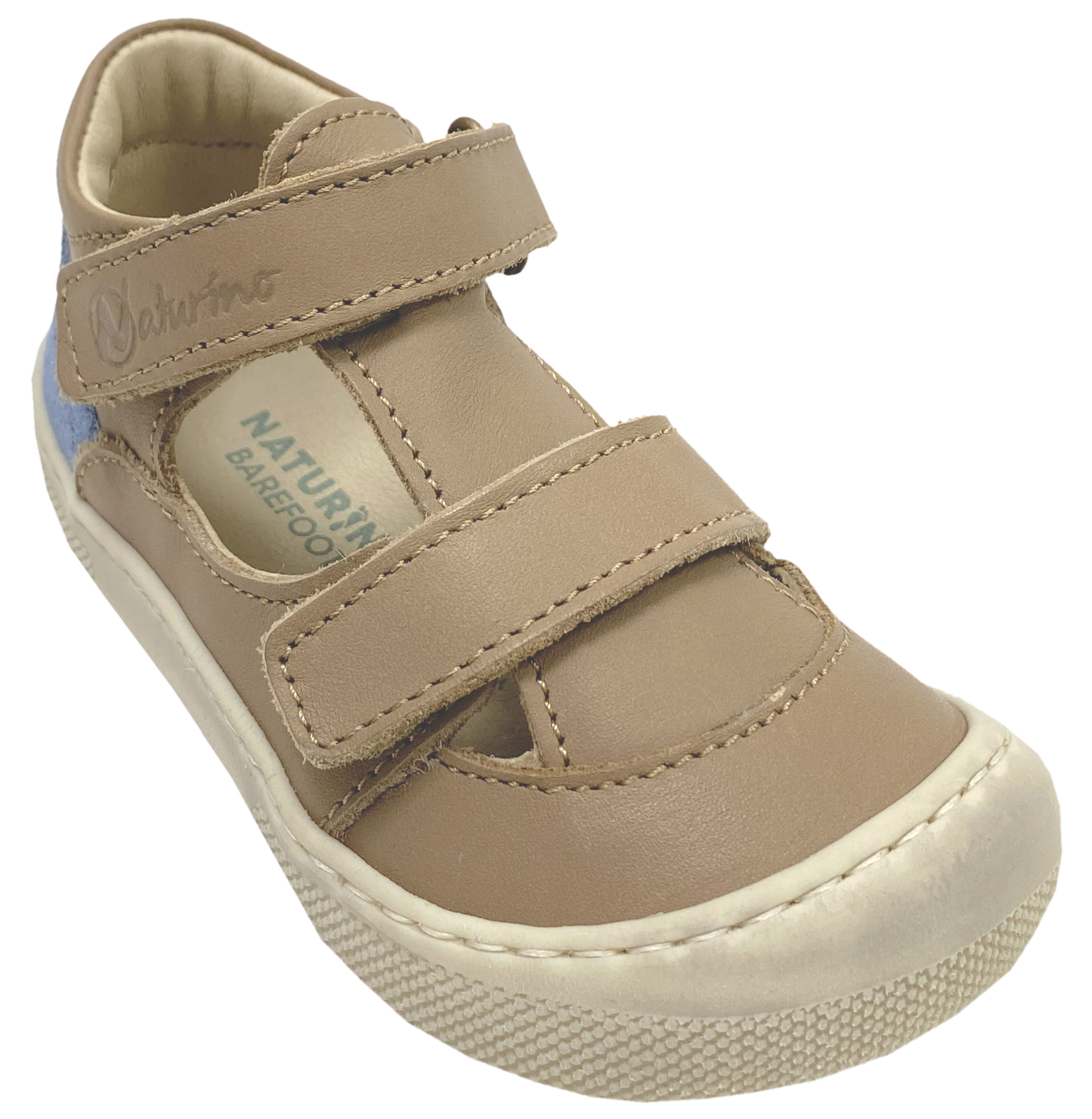 Halbsandale / Minimalschuhe aus Leder mit Doppelklett von NATURINO Barefoot "IRTYS" in Sand - Celeste