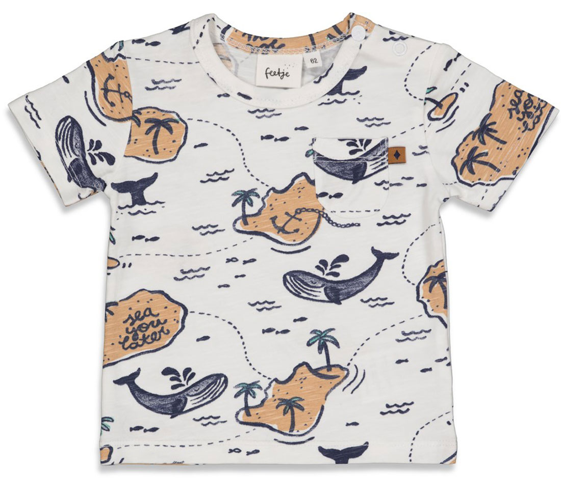 Cooles T-Shirt in Weiß mit AOP Insel & Palmen von FEETJE "No Waves No Fun" 0662