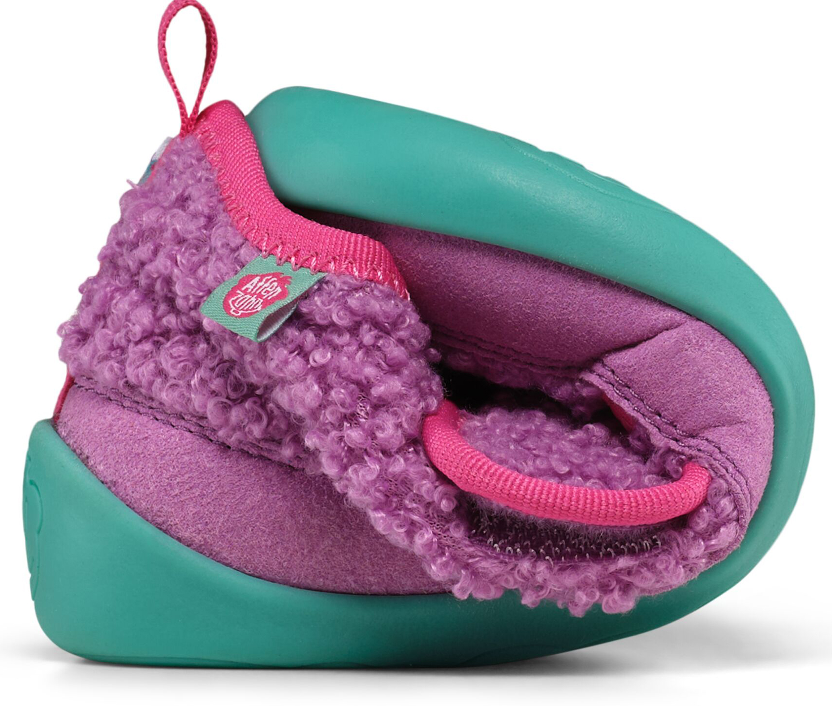 Veganer Hausschuh / Minimalschuhe aus recyceltem Fleece von AFFENZAHN * Eule in Lila / Pink *