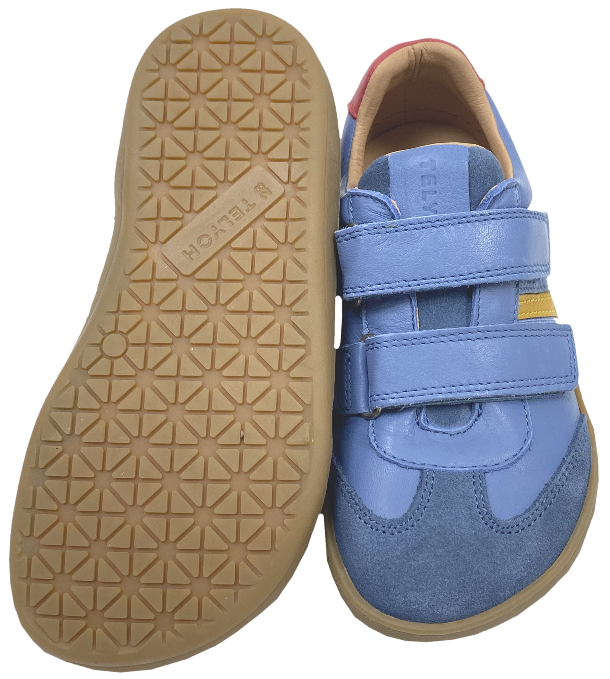 Leder Sneaker / Barfußschuhe + seitliche Zierstr. mit Doppelklett in Jeans / Rot / Gelb von TELYOH Barefoot / Runner