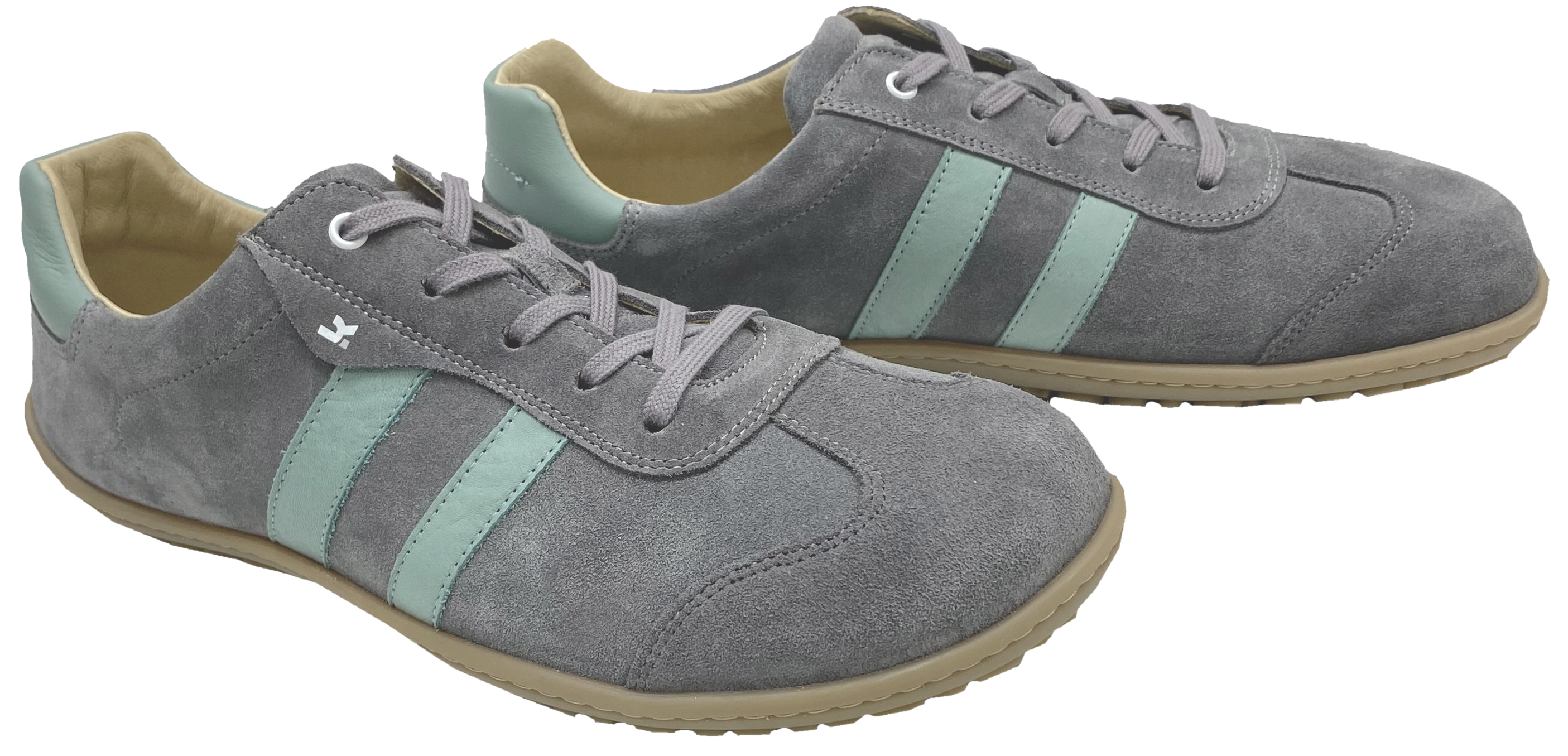 Trendige Sneaker / Barfußschuhe aus Wildleder in Grau mit Türkisem Str. von KOEL "ILO Suede"