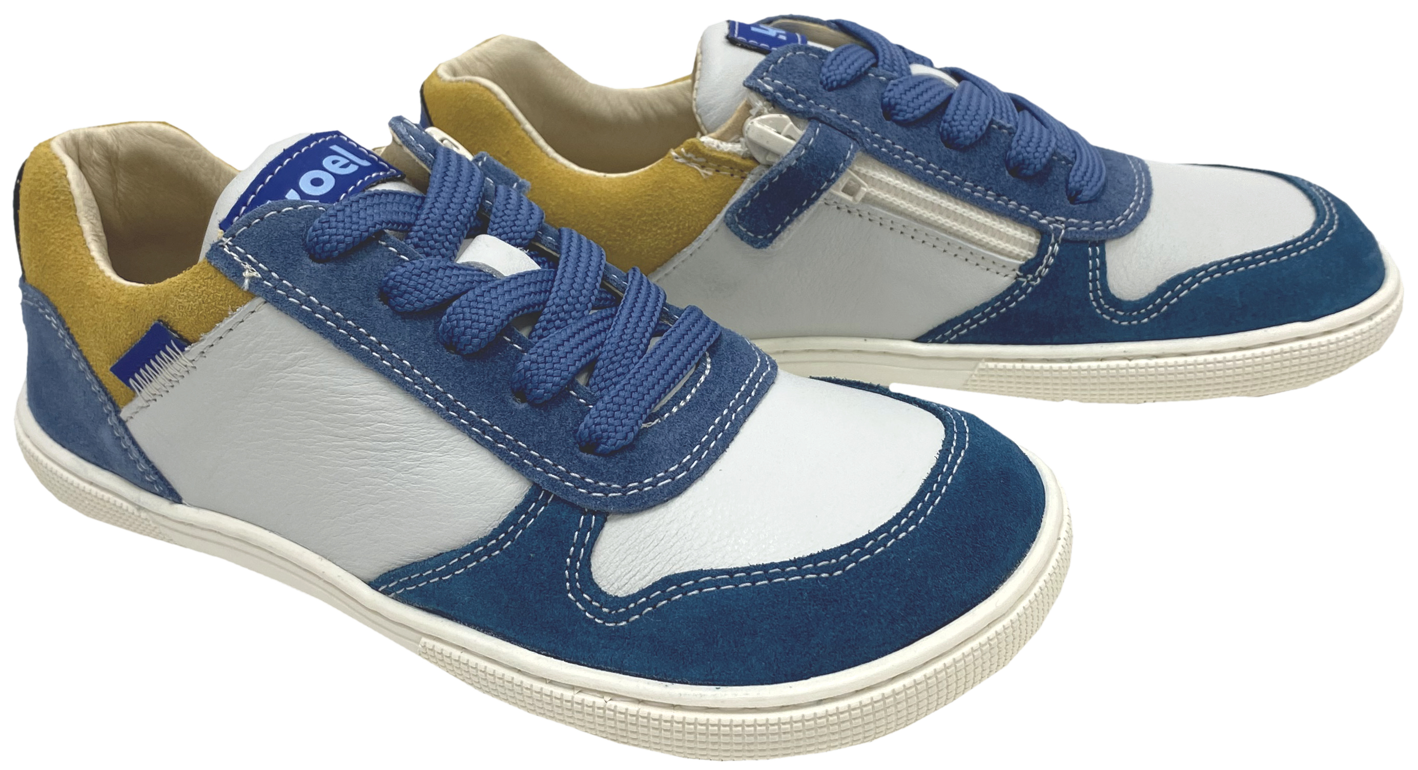 Low Top Leder Sneaker in Weiß / Gelb/ Blau Zipper & Schnürung KOEL *DATE Suede * 08M020.101
