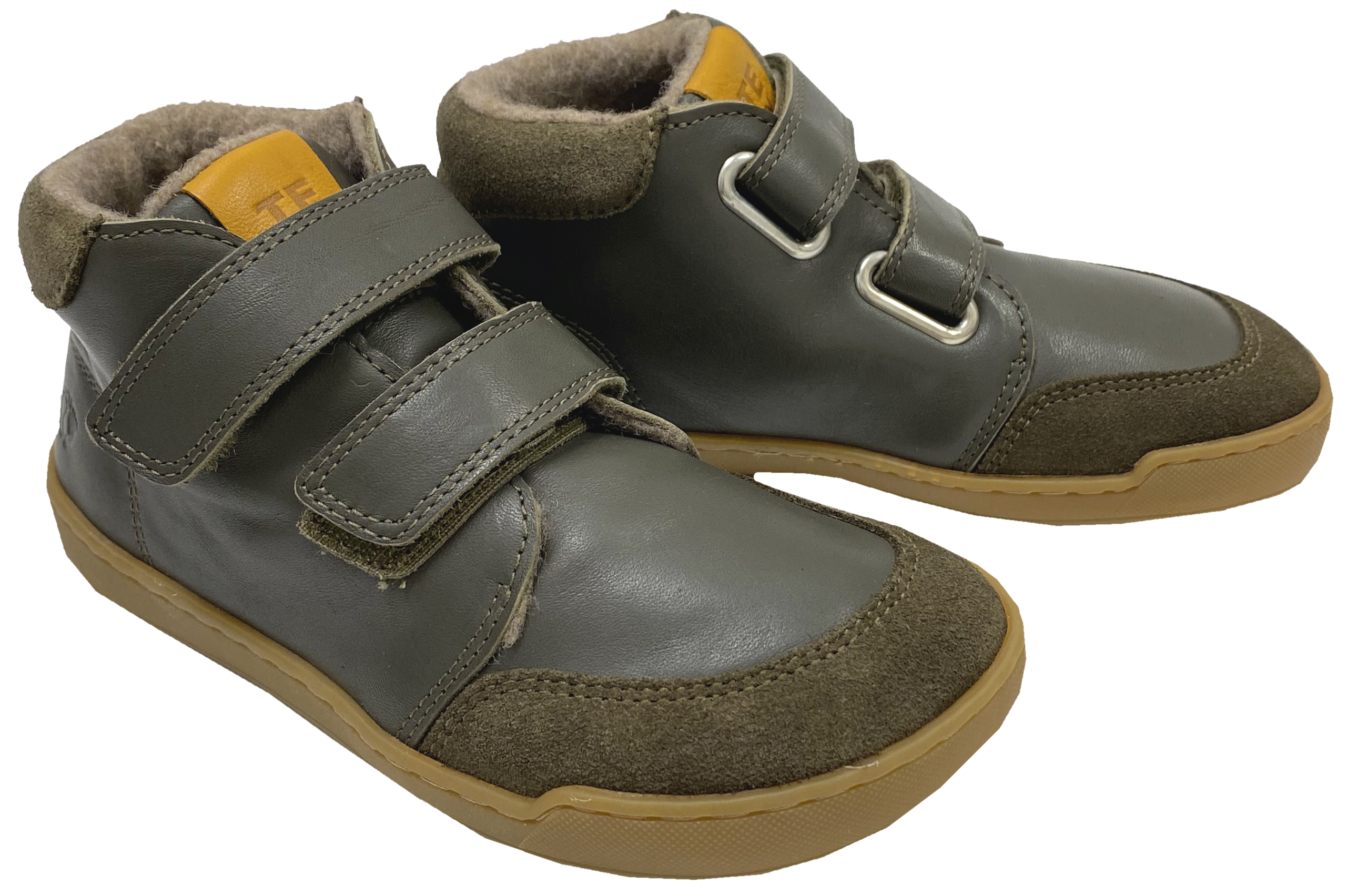 Knöchelhohe Lederschuhe, Doppelklett & Wollfleece Futter von TELYOH  Barefoot Runner in KHAKI