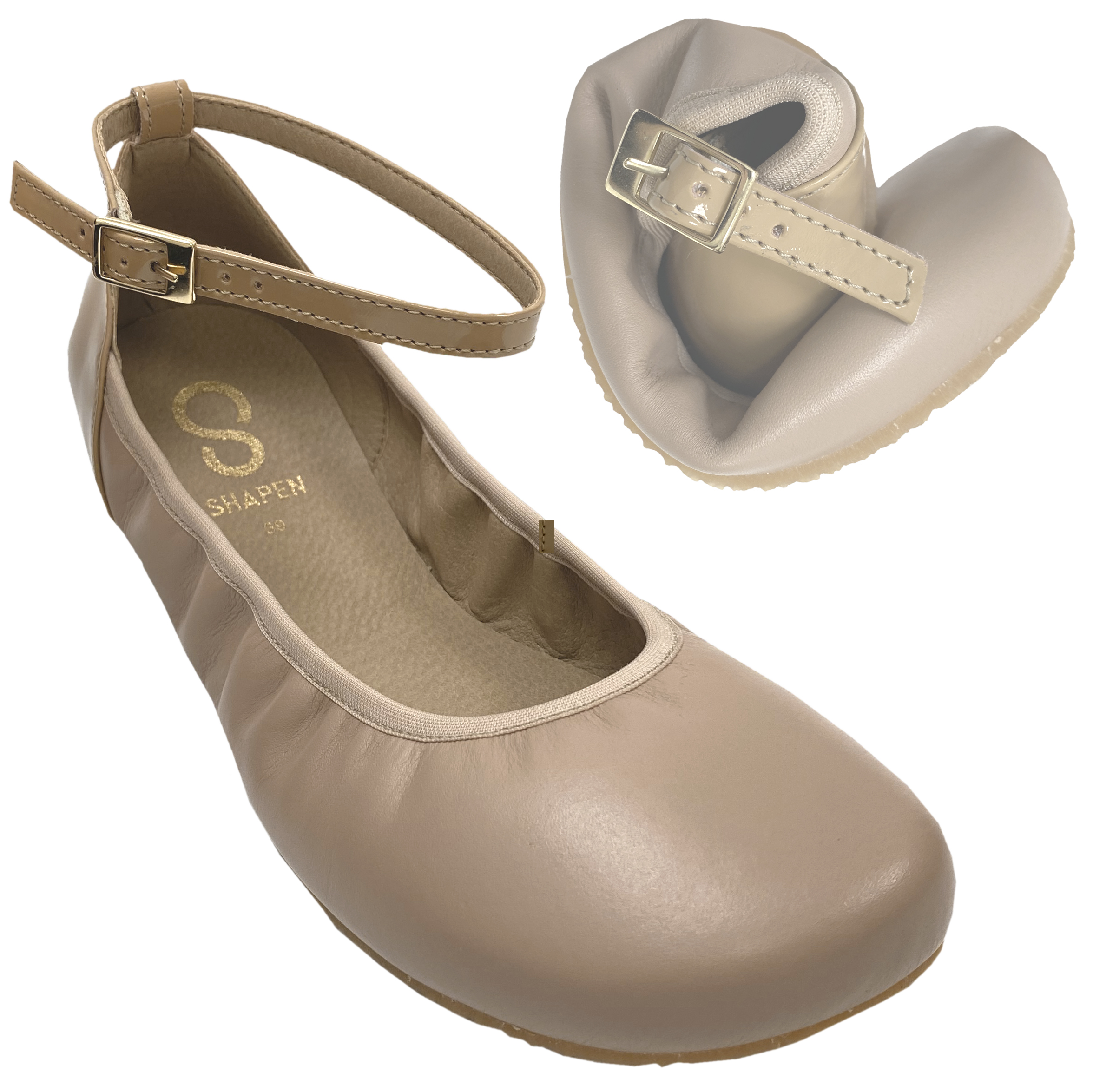 Leder Ballerina 3 mm Krepp Sohle in BEIGE mit Riemchen v. SHAPEN Barefoot *TULIP*