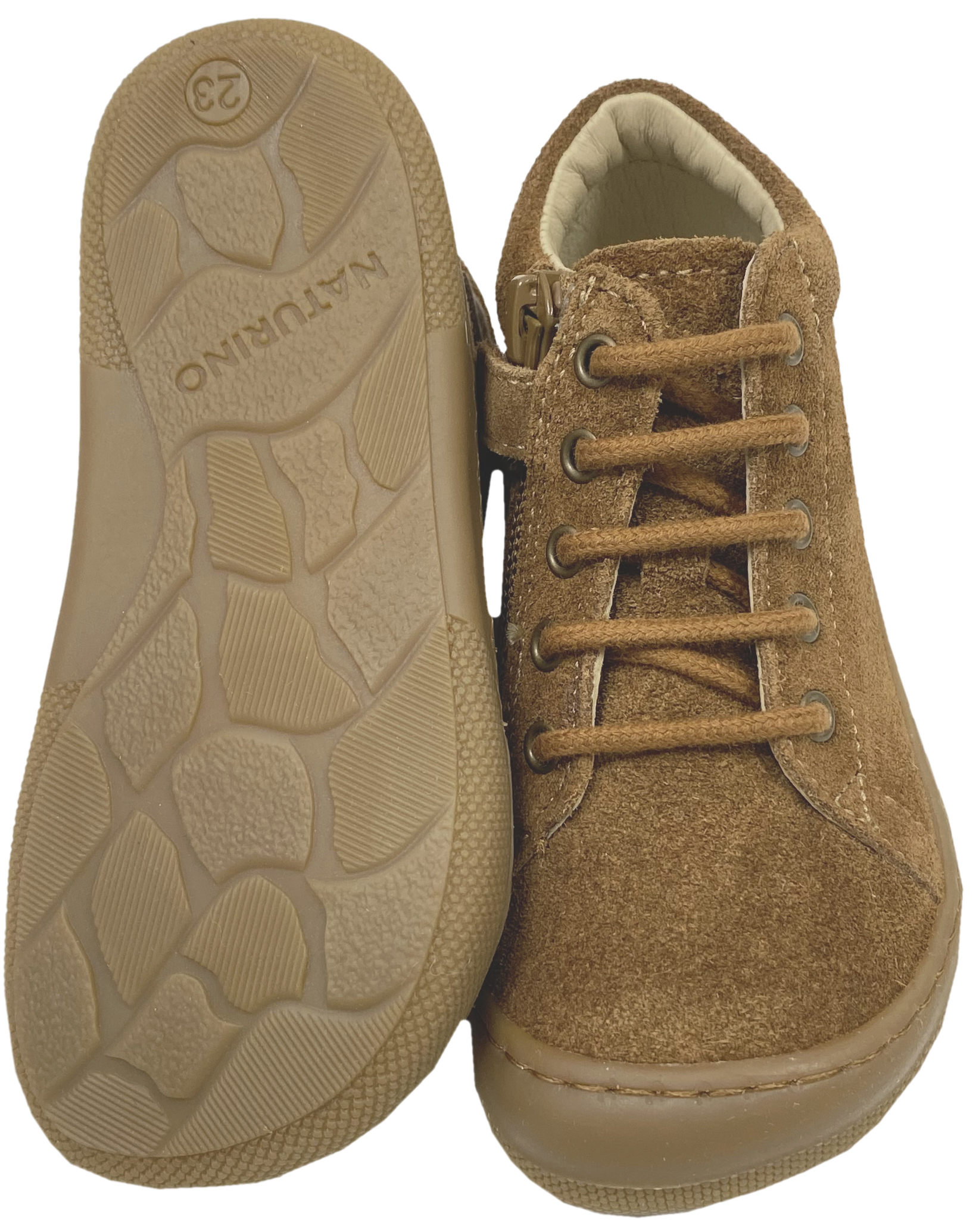 Knautschig weiche Barfußschuhe aus Leder, Schnürer + Zip NATURINO Barefoot *AMUR in Braun *