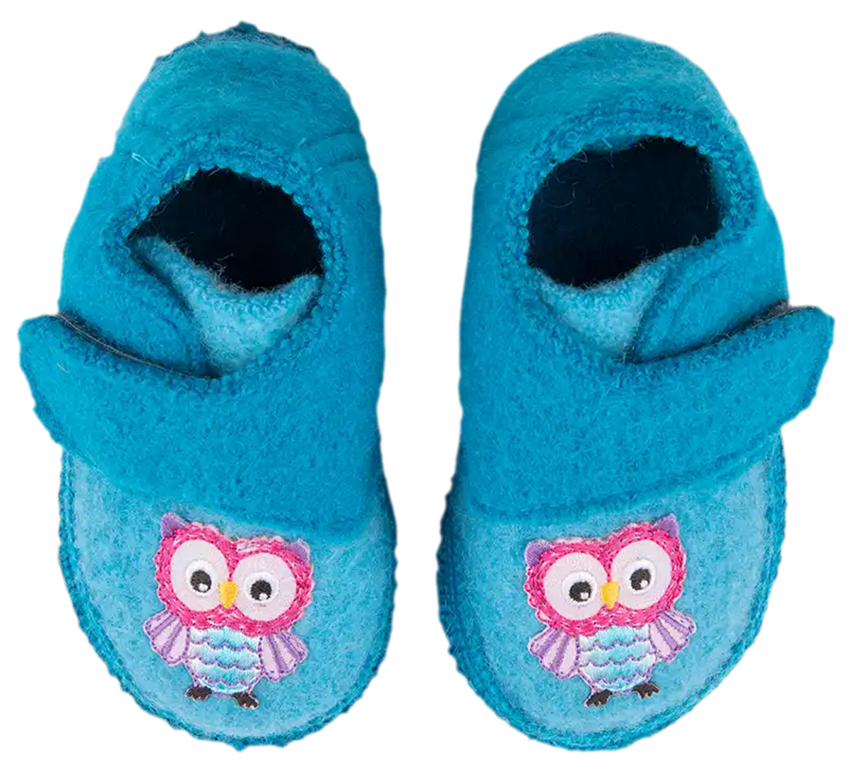 Super flexible Hausschuhe mit Klett aus Wolle & Naturgummi Sohle in Türkis Little OWLS von NANGA