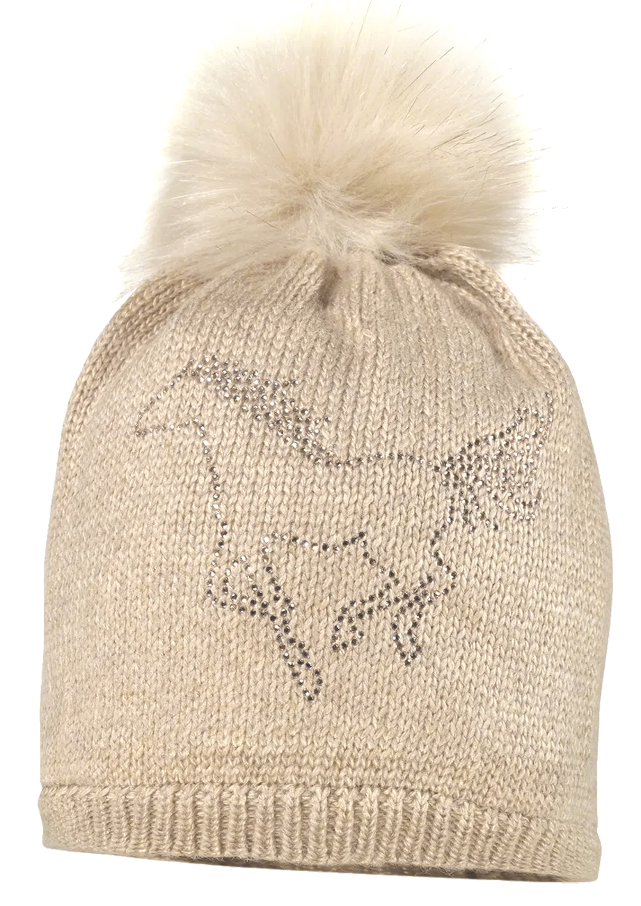 Strickmütze mit Fleece Futter & Bommel in Beige mit Pferd aus Straß von MAXIMO 134100