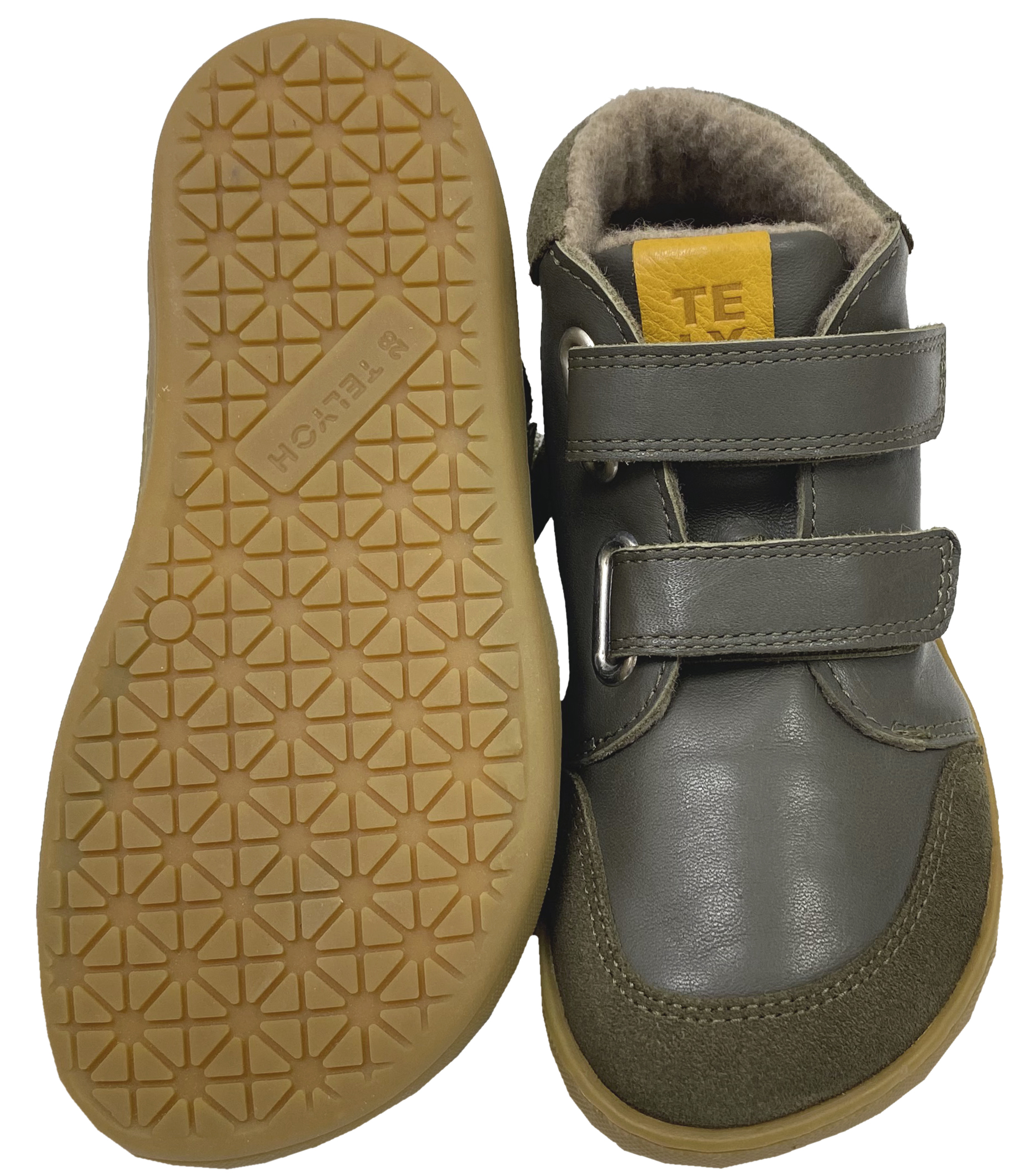 Knöchelhohe Lederschuhe, Doppelklett & Wollfleece Futter von TELYOH  Barefoot Runner in KHAKI