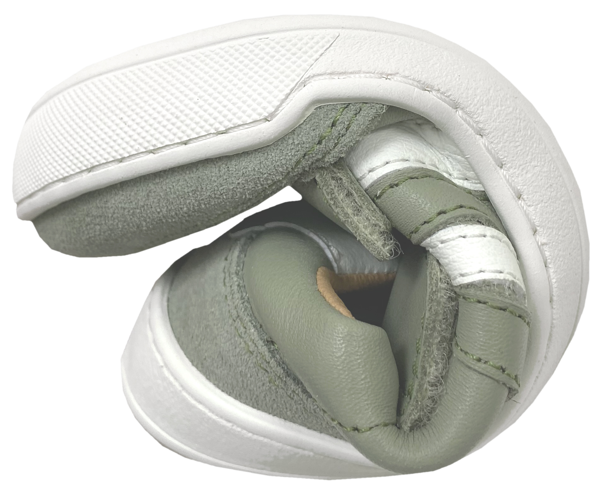 Leder Sneaker / Barfußschuhe + seitliche Zierstr. mit Doppelklett in Sage Grün / Weiß von TELYOH Barefoot / Runner