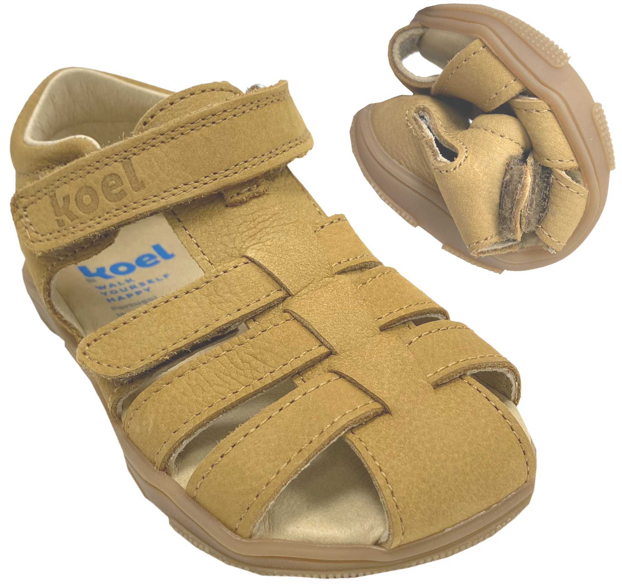 Römersandale / Barfußschuhe aus Leder + Doppelklett * OLA in Cognac / Gelb* von KOEL 14M003.121