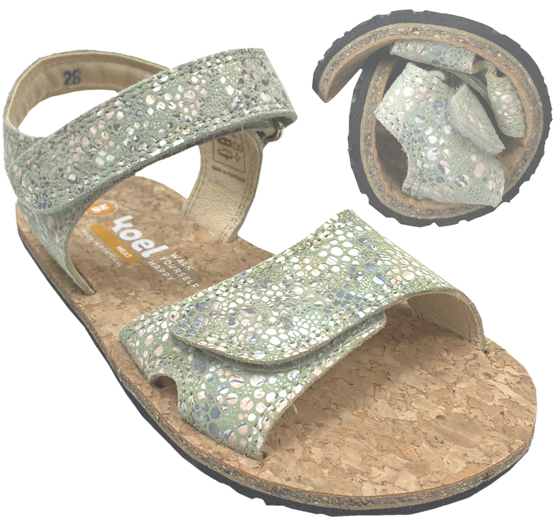 Sandale mit Minimalsohle, Korkbezug und Lederriemchen in Mint Fantasy von KOEL Barefoot *Ashley*