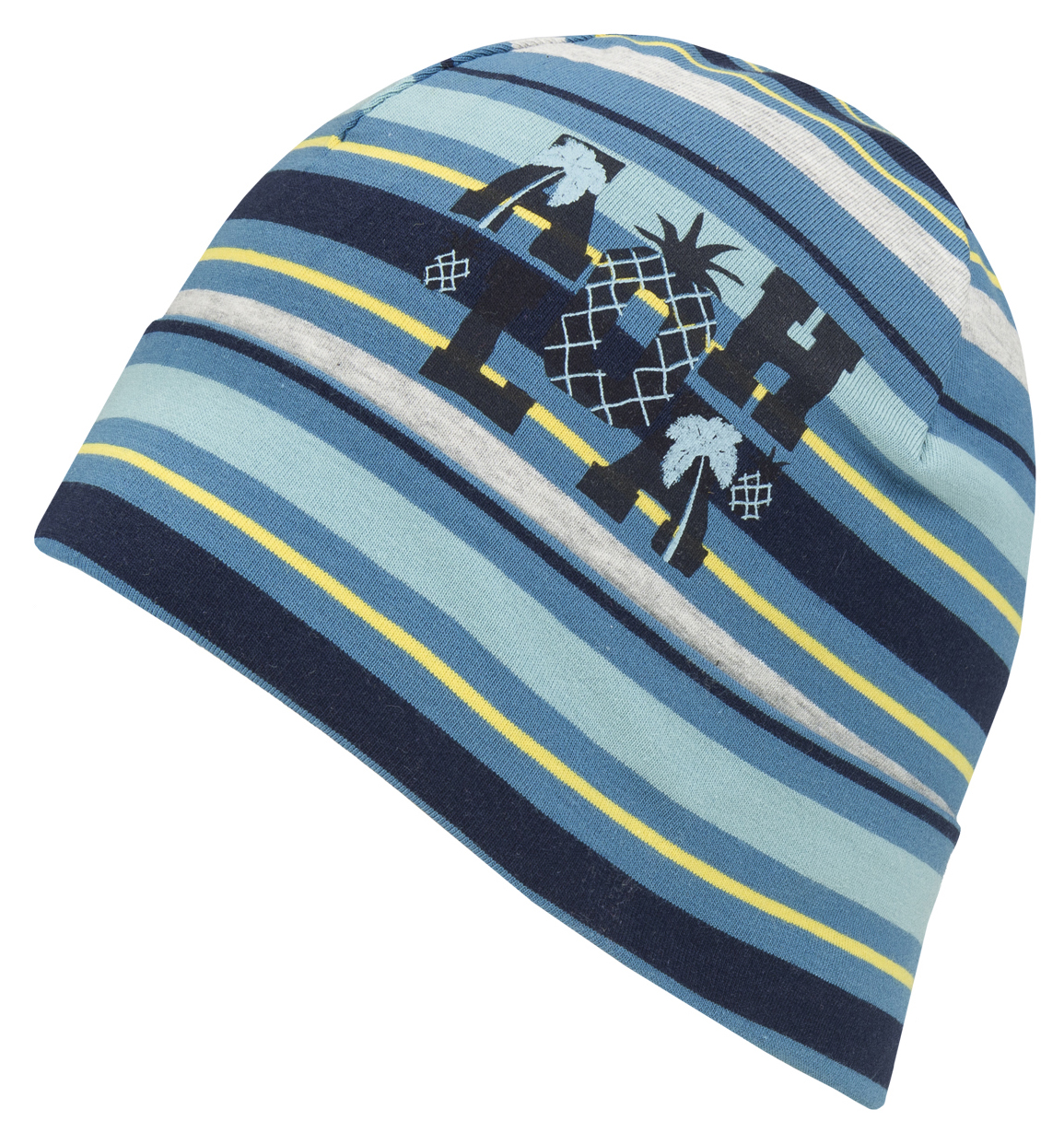 Topfmütze aus Jersey Baumwolle ALOHA Print auf bunten Streifen in Blau von DÖLL UV30 1739840603-3176