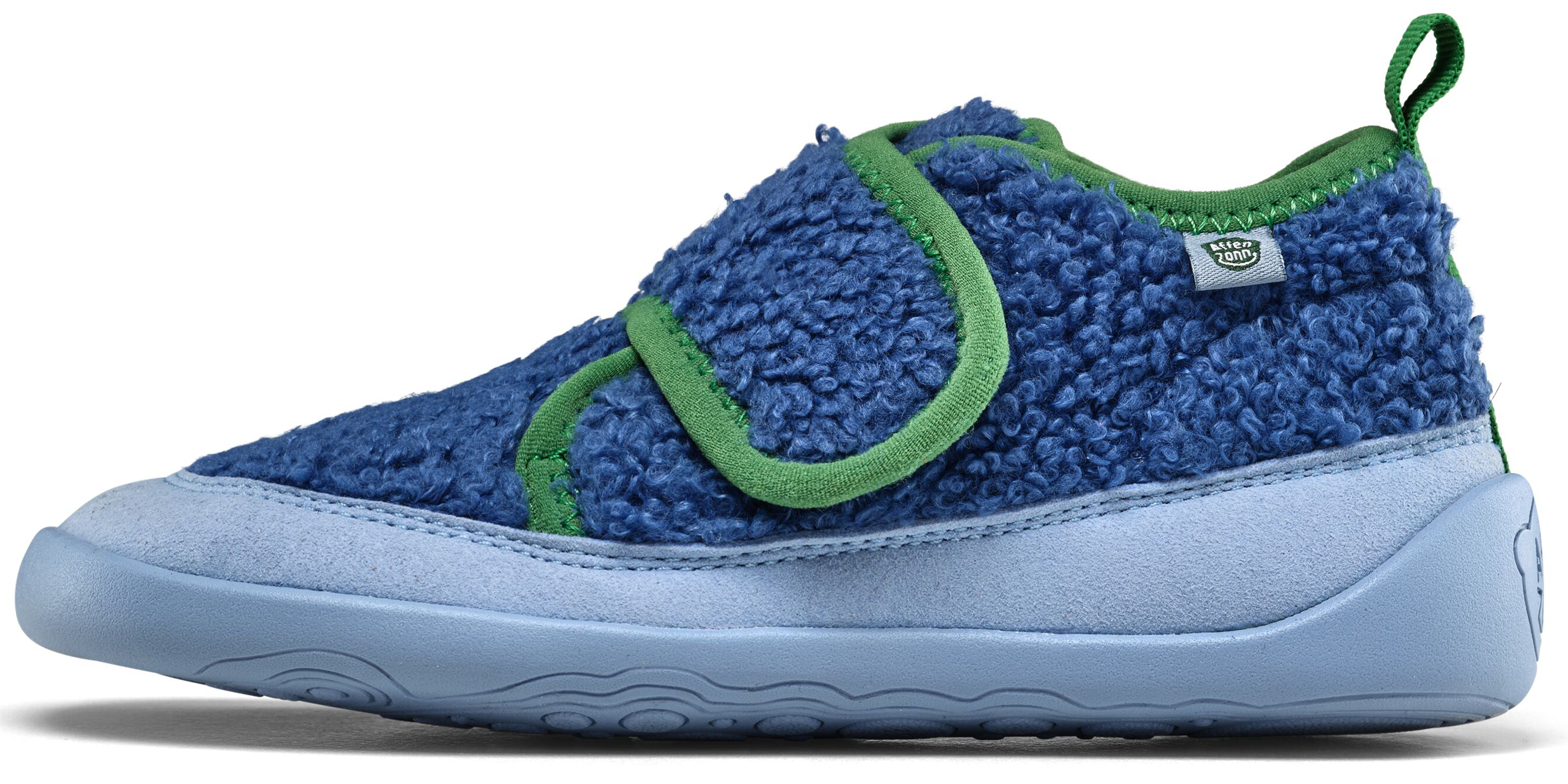 Veganer Hausschuh / Minimalschuhe aus recyceltem Fleece von AFFENZAHN * Paradiesvogel Blau*