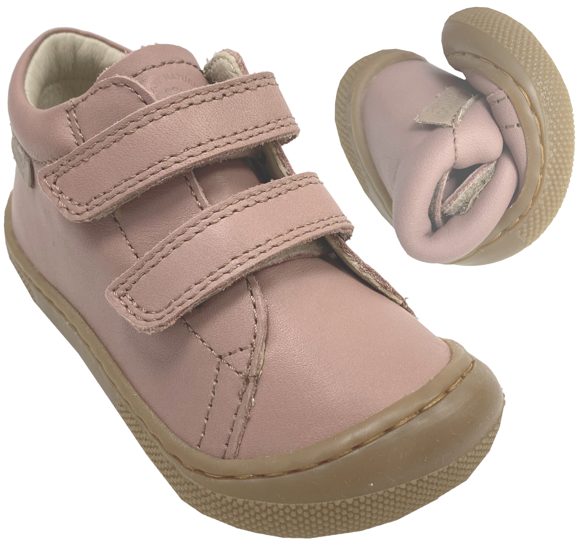 Knautschig weiche Barfußschuhe aus Leder, Doppelklett NATURINO Barefoot *AMUR in Rose *