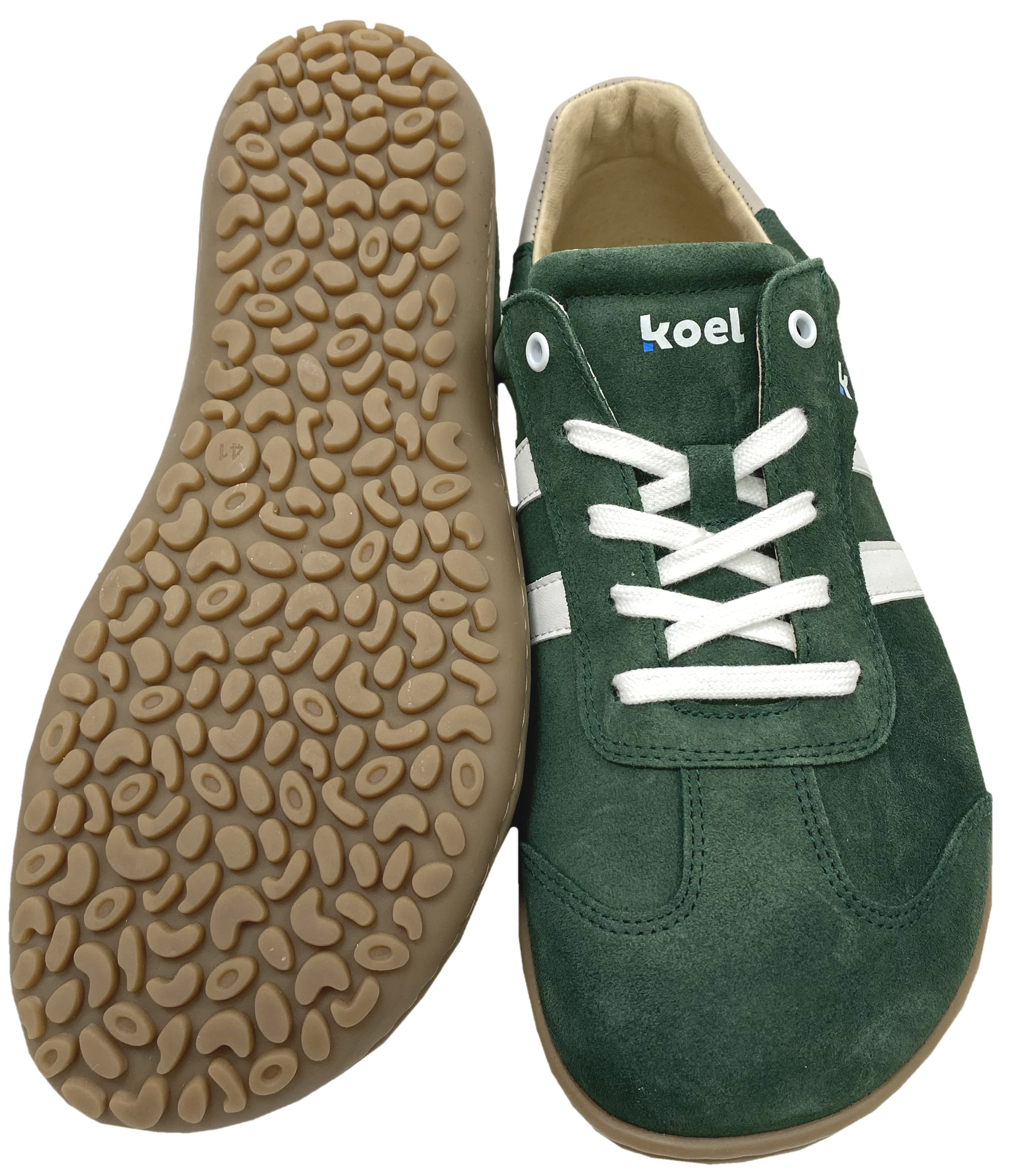 Trendige Barfuß Sneaker aus Nubukleder in Grün mit Weißen Str. von KOEL "ILA Suede" 25L024.301
