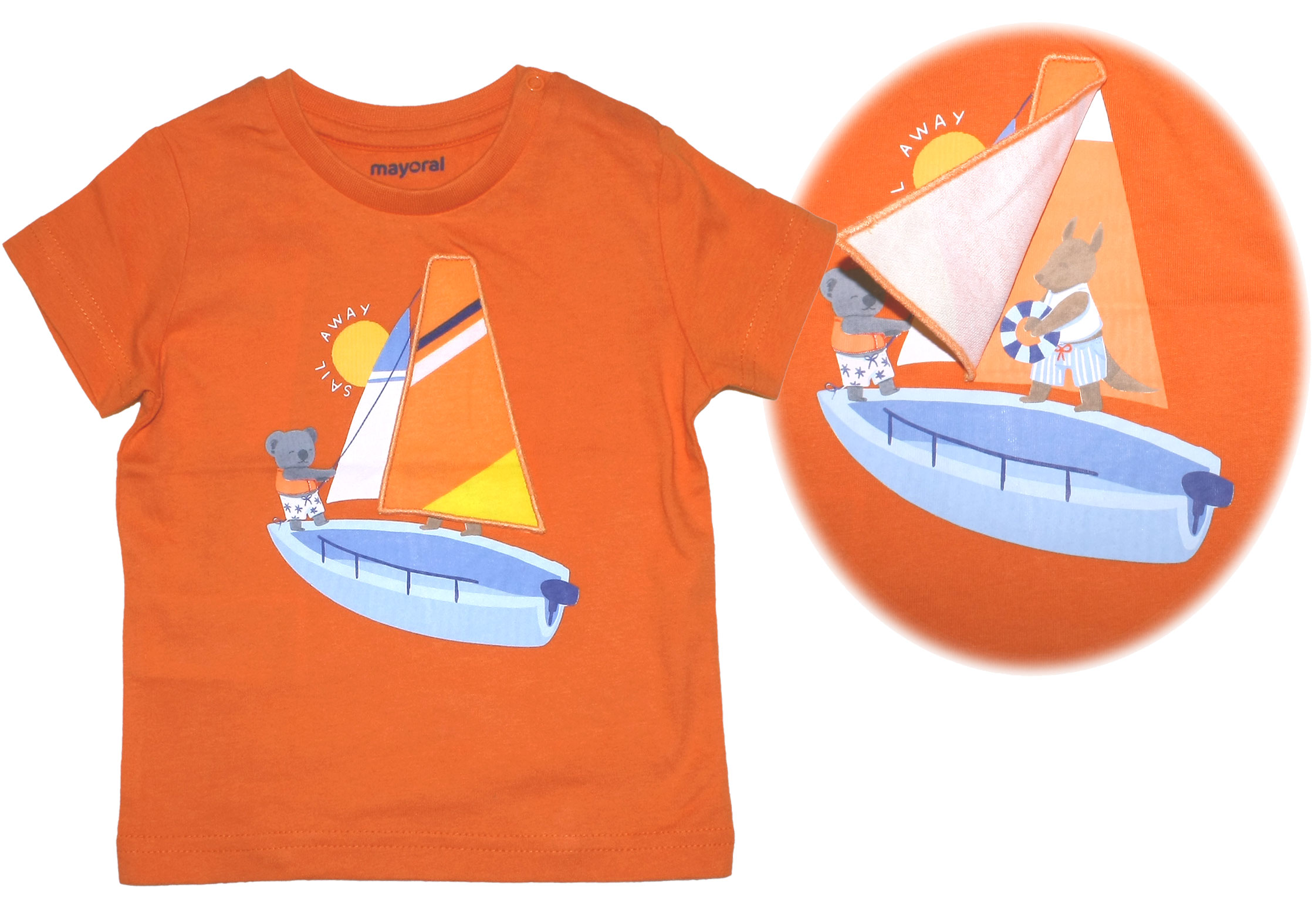 Frech witziges T-Shirt aus reiner BW in Orange mit surfendem Bär 3 D Effekt von MAYORAL  1007