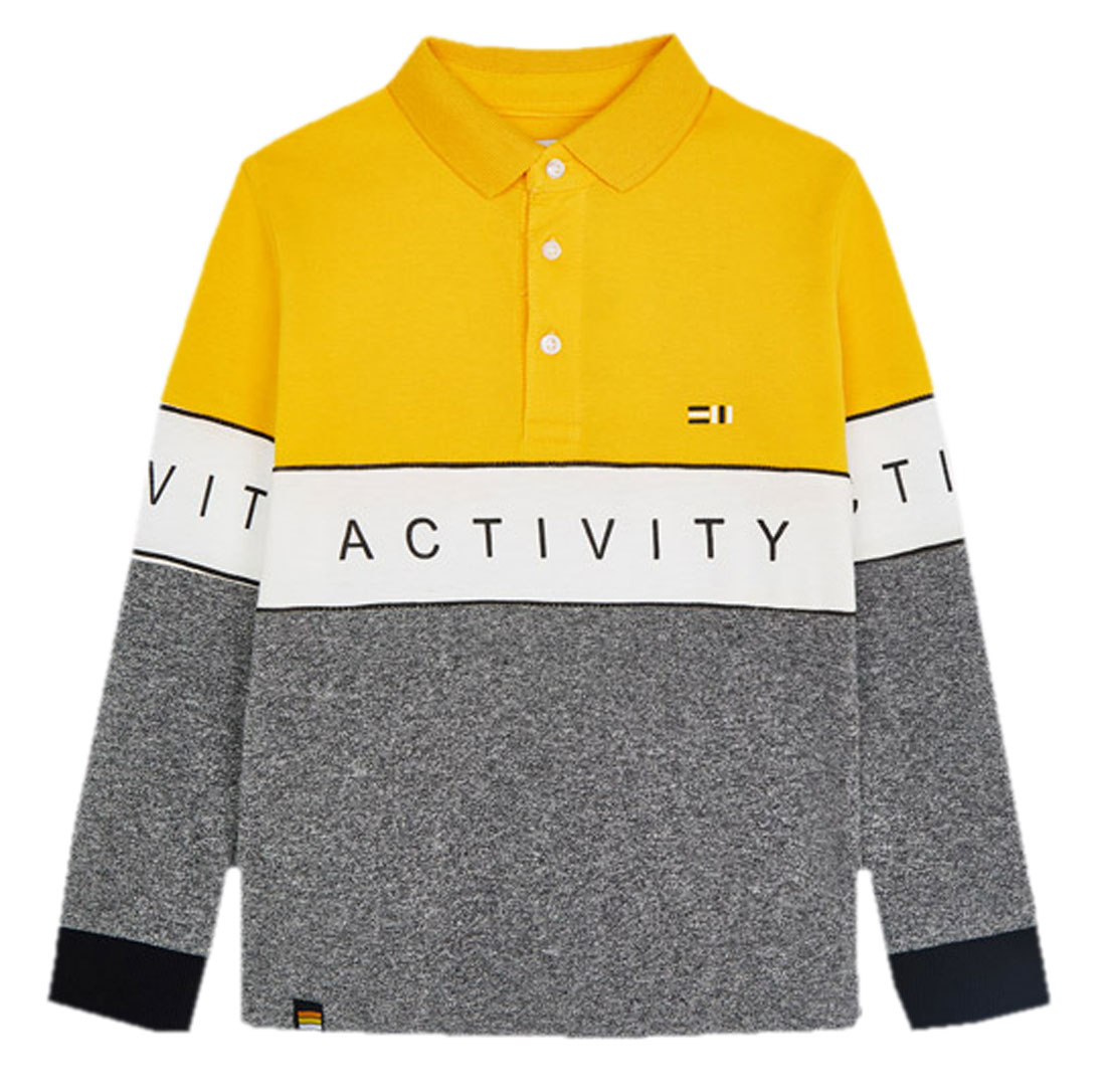 Schickes Poloshirt Langarm in Sonnegelb, Weiß Grau Melange gestreift von MAYORAL  4154