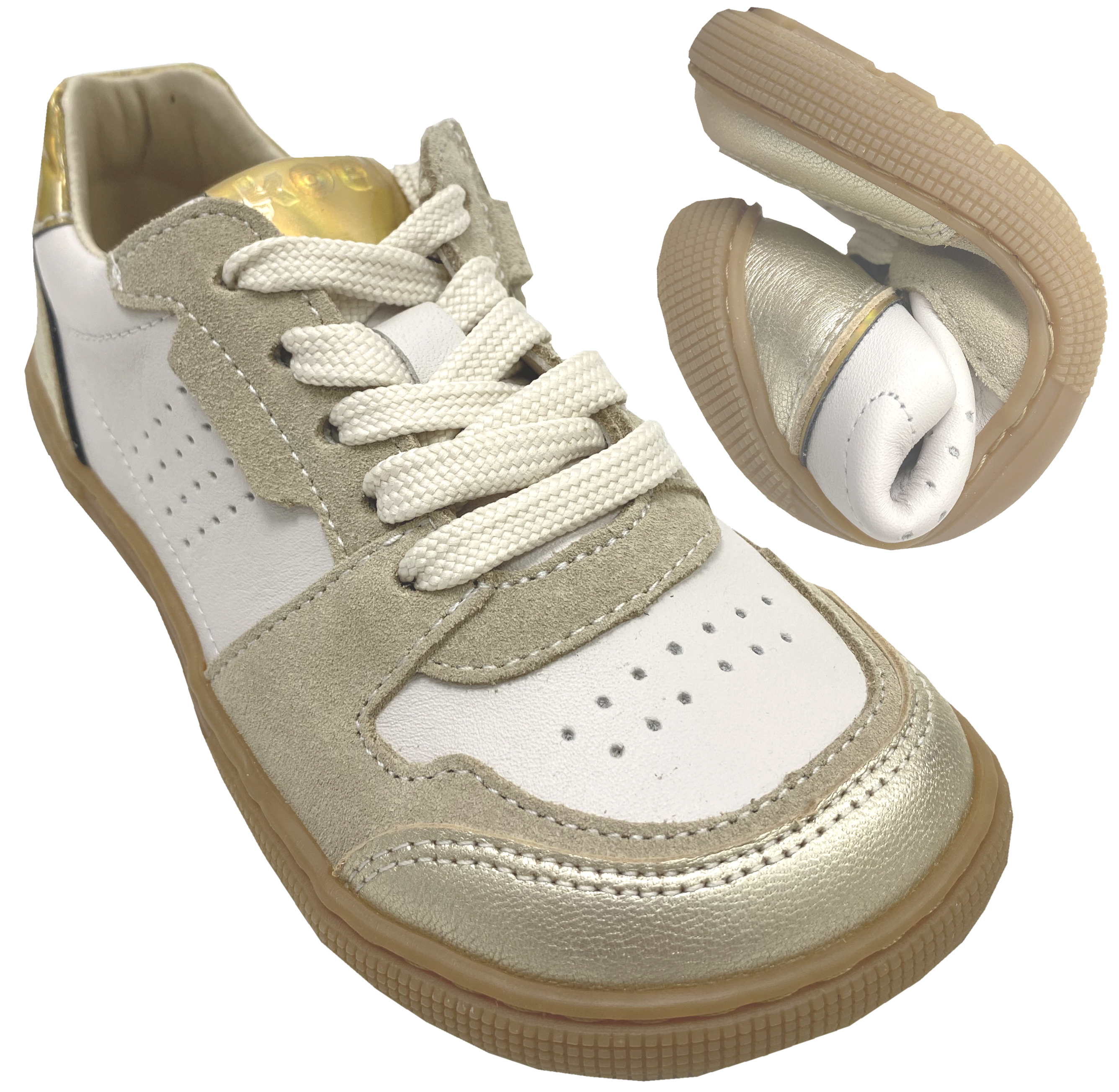 Low Top Leder Sneaker in Weiß / Gold / Beige, Zipper & Schnürung KOEL *DALI* 08M039.151