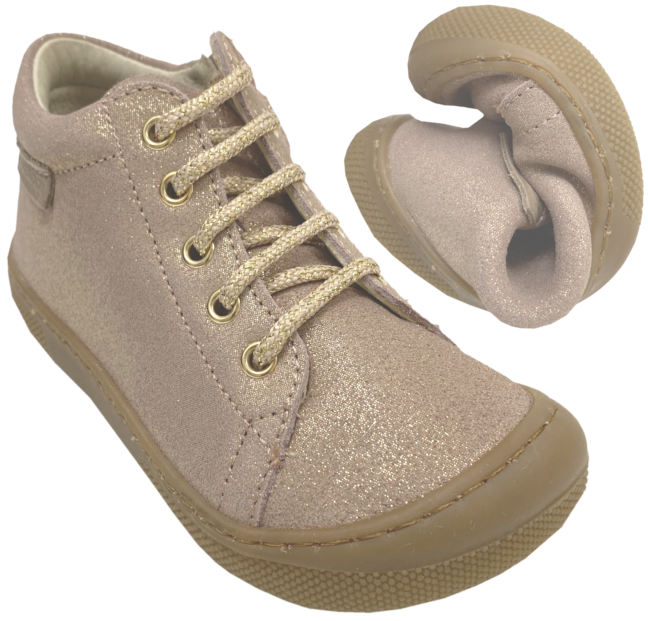 Knautschig weiche Barfußschuhe aus Leder, Schnürer + Zip NATURINO Barefoot *AMUR in Rose Gold Glitzer *
