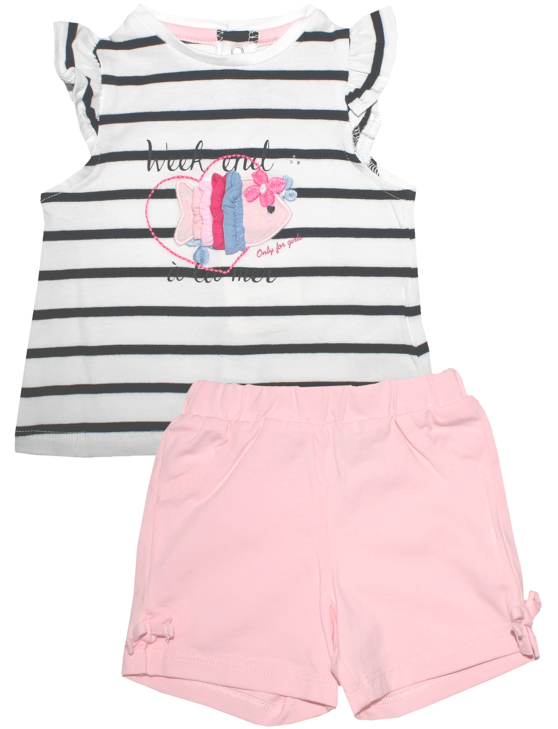 T-Shirt in Navy / Weiß geringelt mit Applikation & Rosa Shorts von WEEK END A LA MER  B122.64
