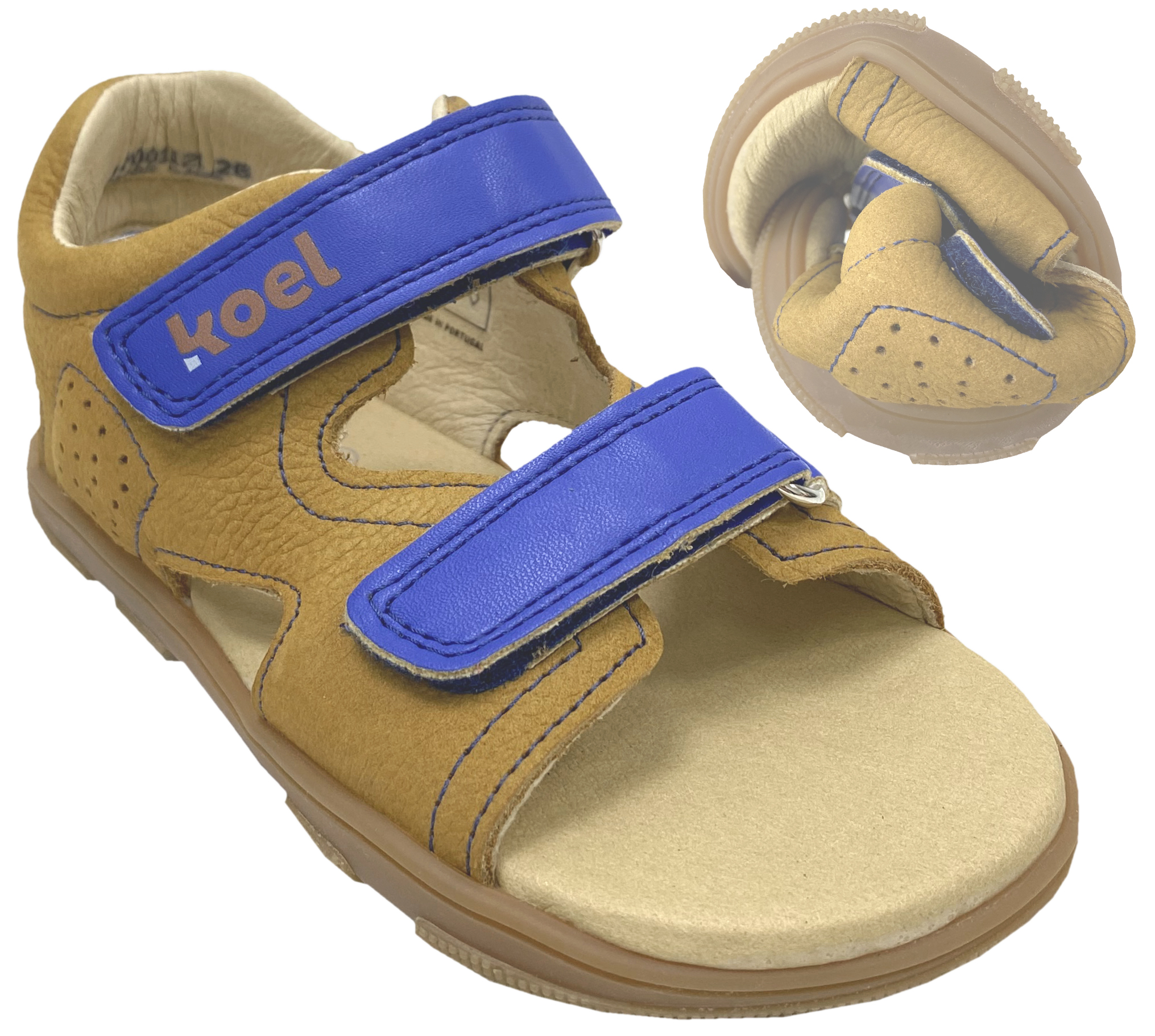 Offene Ledersandale OVA mit Doppelklett, innen weich abgepolstert *Cognac/Blau * v. KOEL 14M001.121