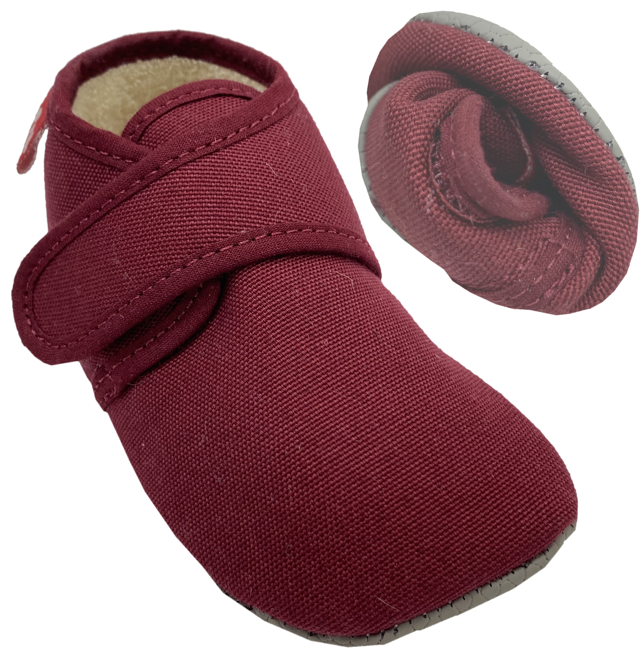 Knautschige Barfußhausschuhe mit Klett BIO BW + Anti Rutsch Sohle *Uni Weinrot* von POLOLO