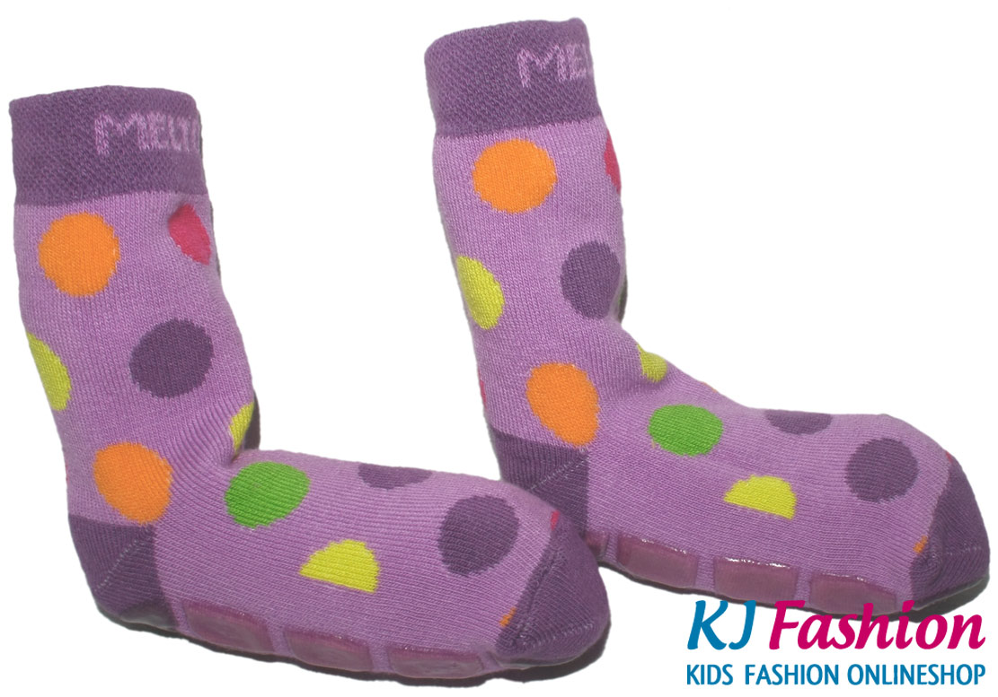 Stoppersocken aus BW Vollfrottee von MELTON * Lila mit bunten Punkten * 2177-714