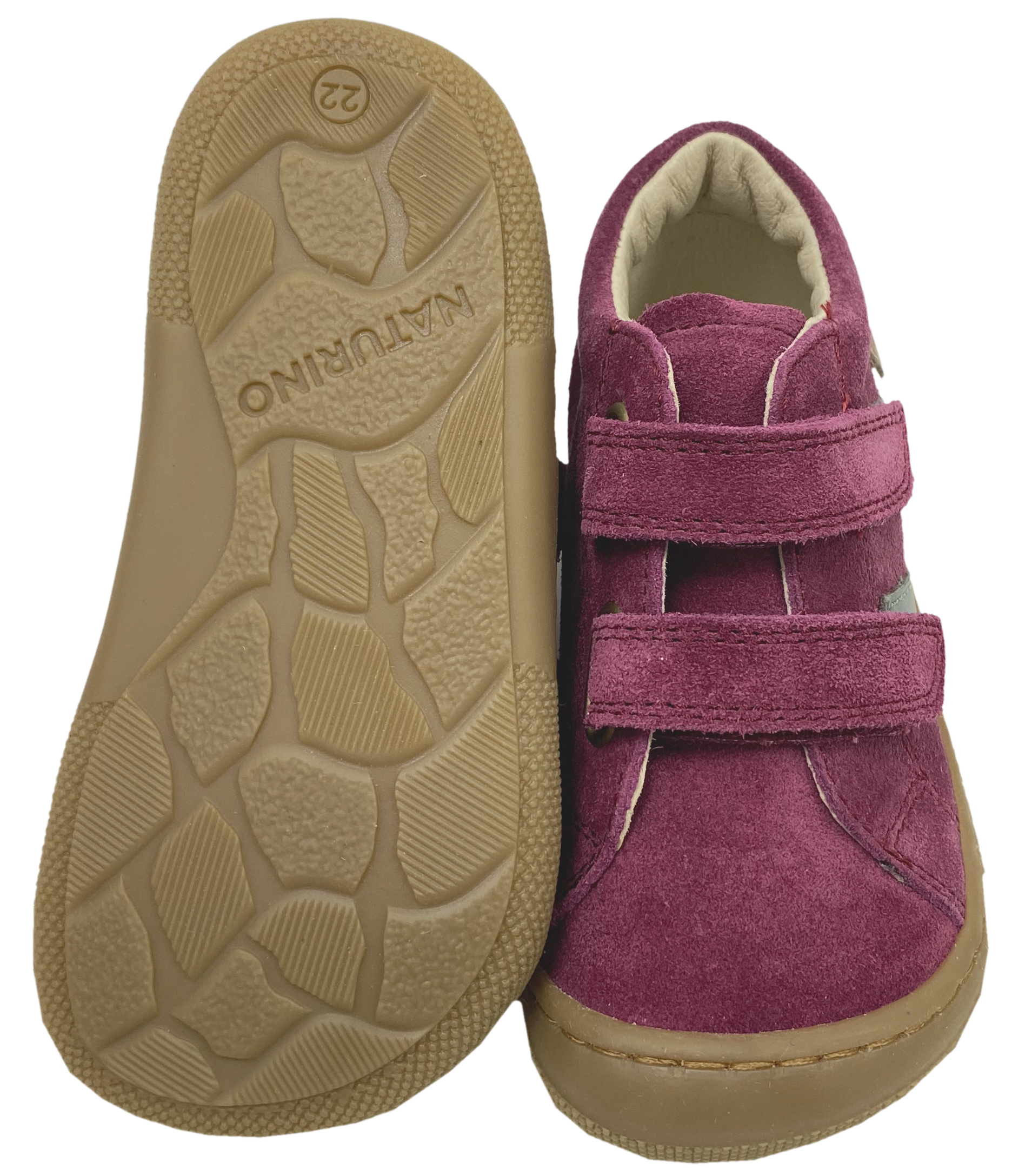 Knautschig weiche Barfußschuhe aus Suede Leder, Doppelklett NATURINO Barefoot * SABBY in Berry *