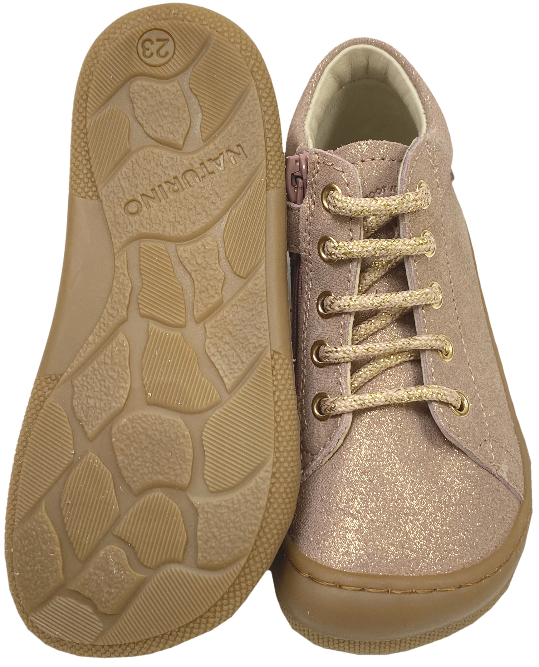 Knautschig weiche Barfußschuhe aus Leder, Schnürer + Zip NATURINO Barefoot *AMUR in Rose Gold Glitzer *
