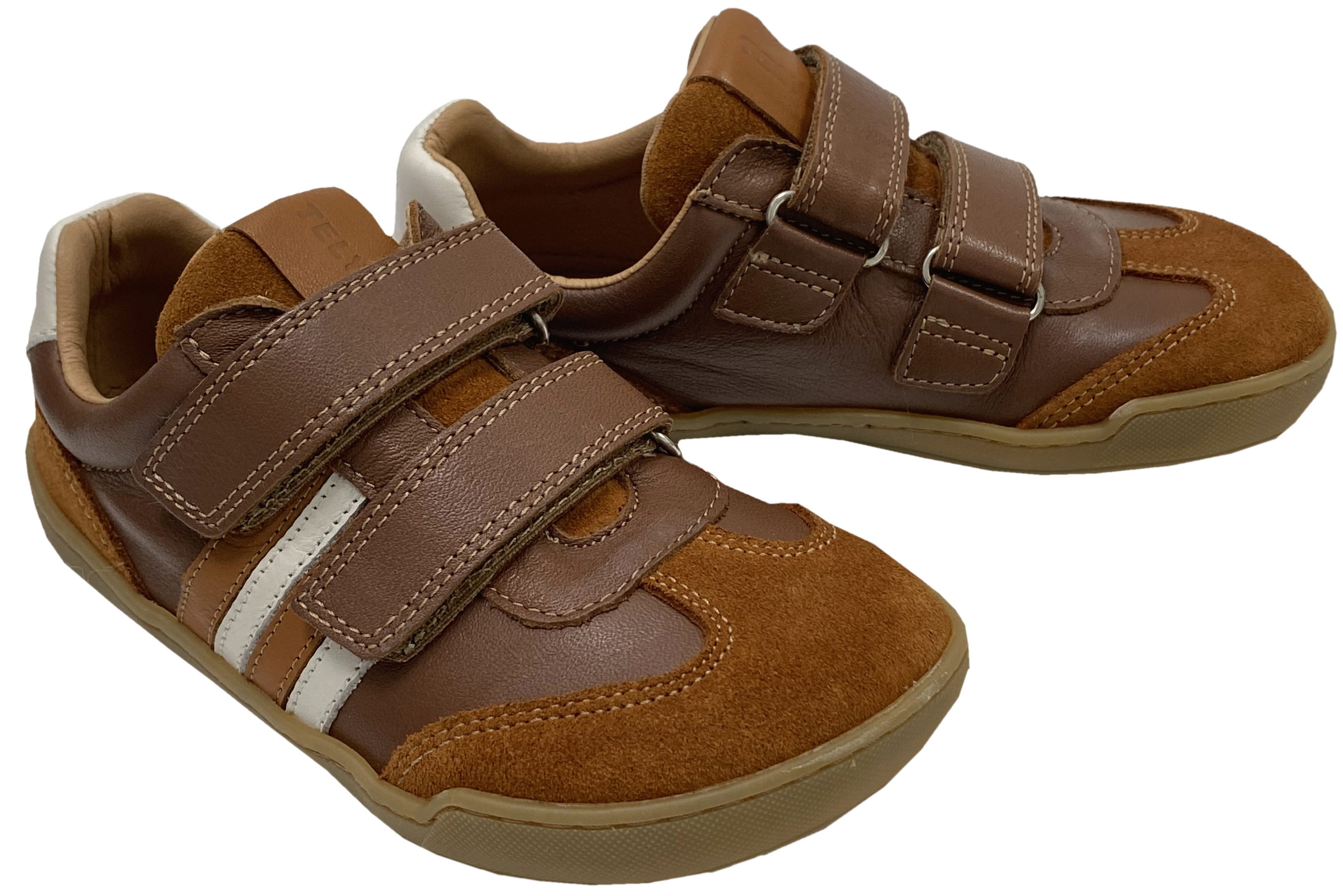 Leder Sneaker / Barfußschuhe + seitliche Zierstr. mit Doppelklett in Hazelnut / Weiß von TELYOH Barefoot / Runner