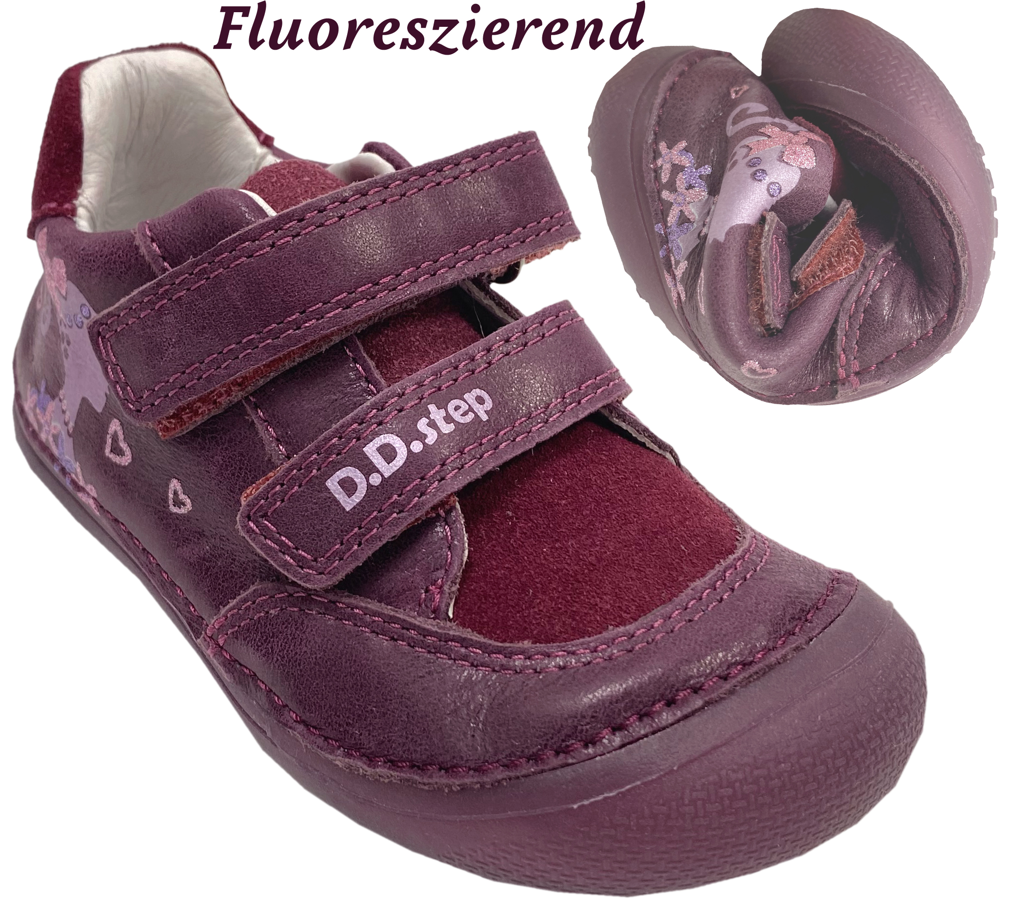 Leder Halbschuhe, knautschige Minimalsohle *GLOW in The Dark* von D.D.Step Barefoot in Bordeaux Rot