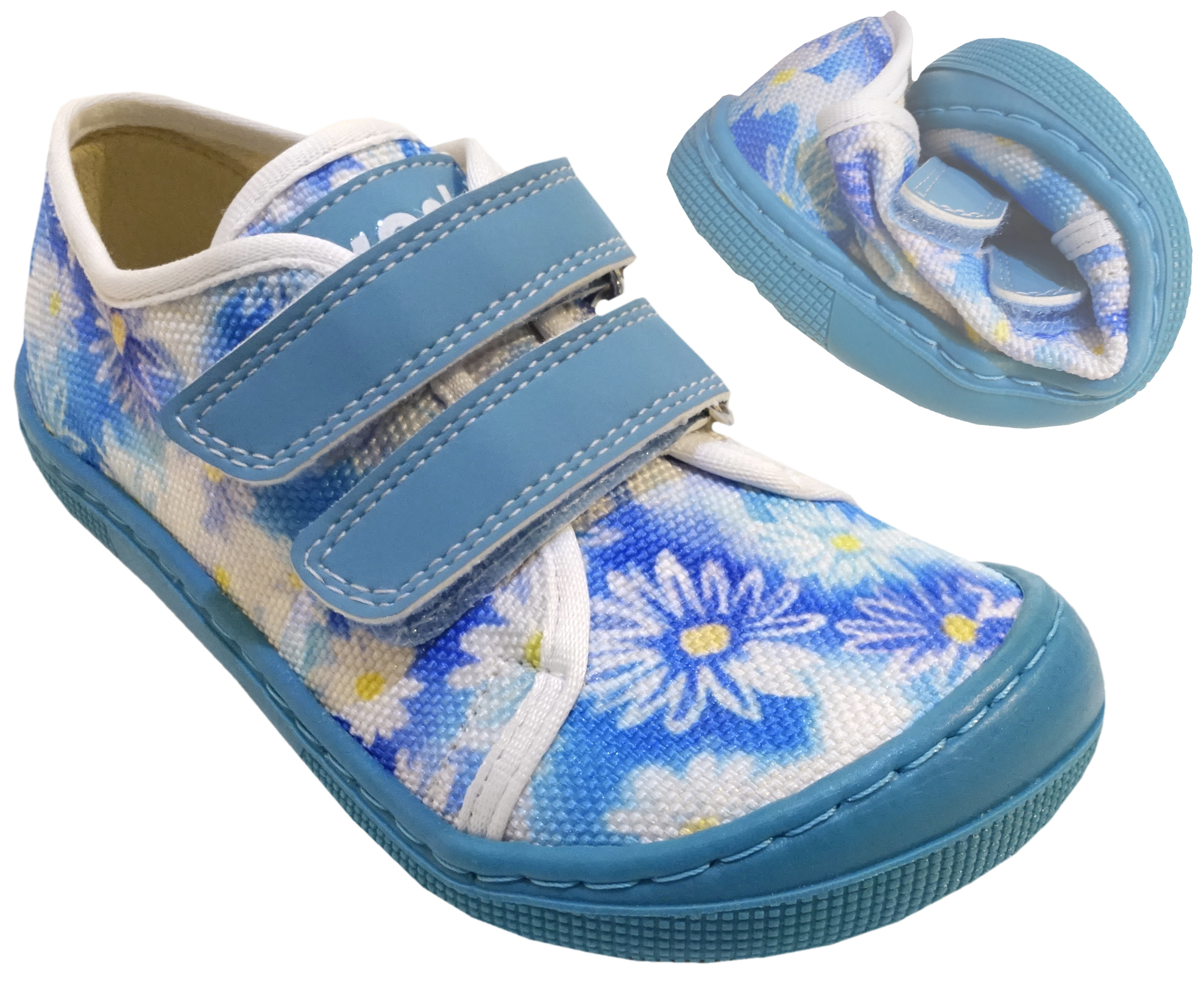 !B Ware! Barfußsneaker aus Textil in CYAN Flower Modell DUD von KOEL Spann normal 07M035.50B