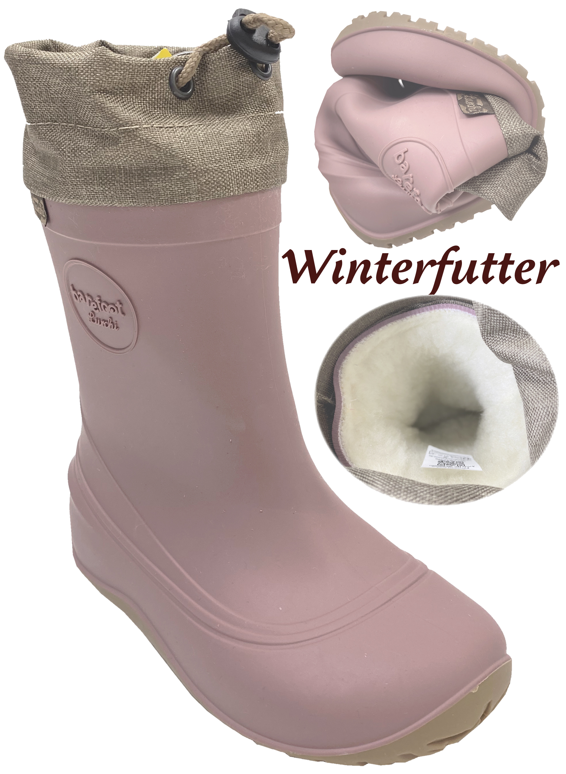Ultra leichter Barfuß Gummistiefel Winterfutter, Kordelstopper am Kragen von LURCHI PICO Barefoot in Rose