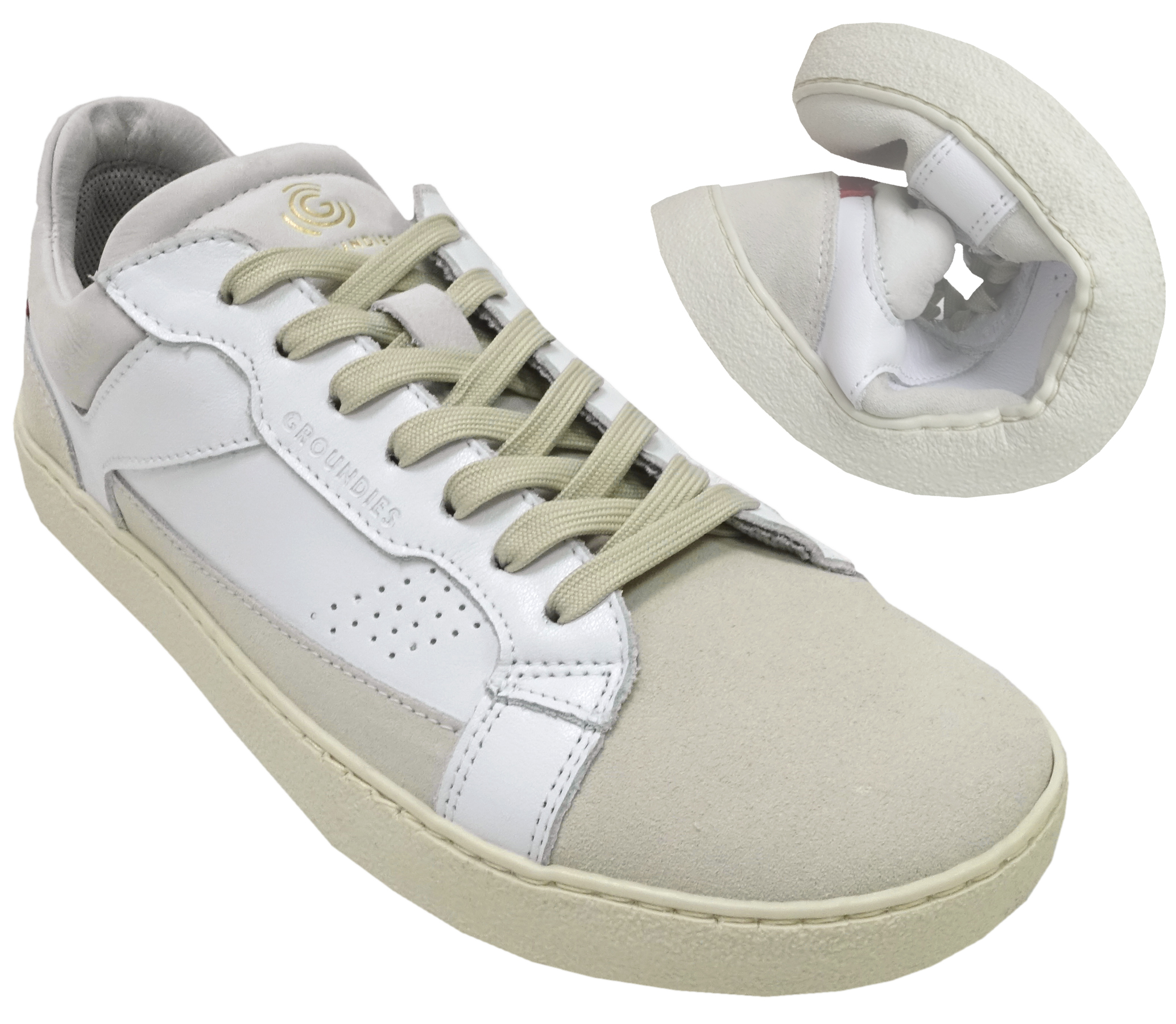 Sportlich schicke Barfußschuhe von GROUNDIES in Weiß / Beige / Rot  Modell COURT W GS1 Sohle