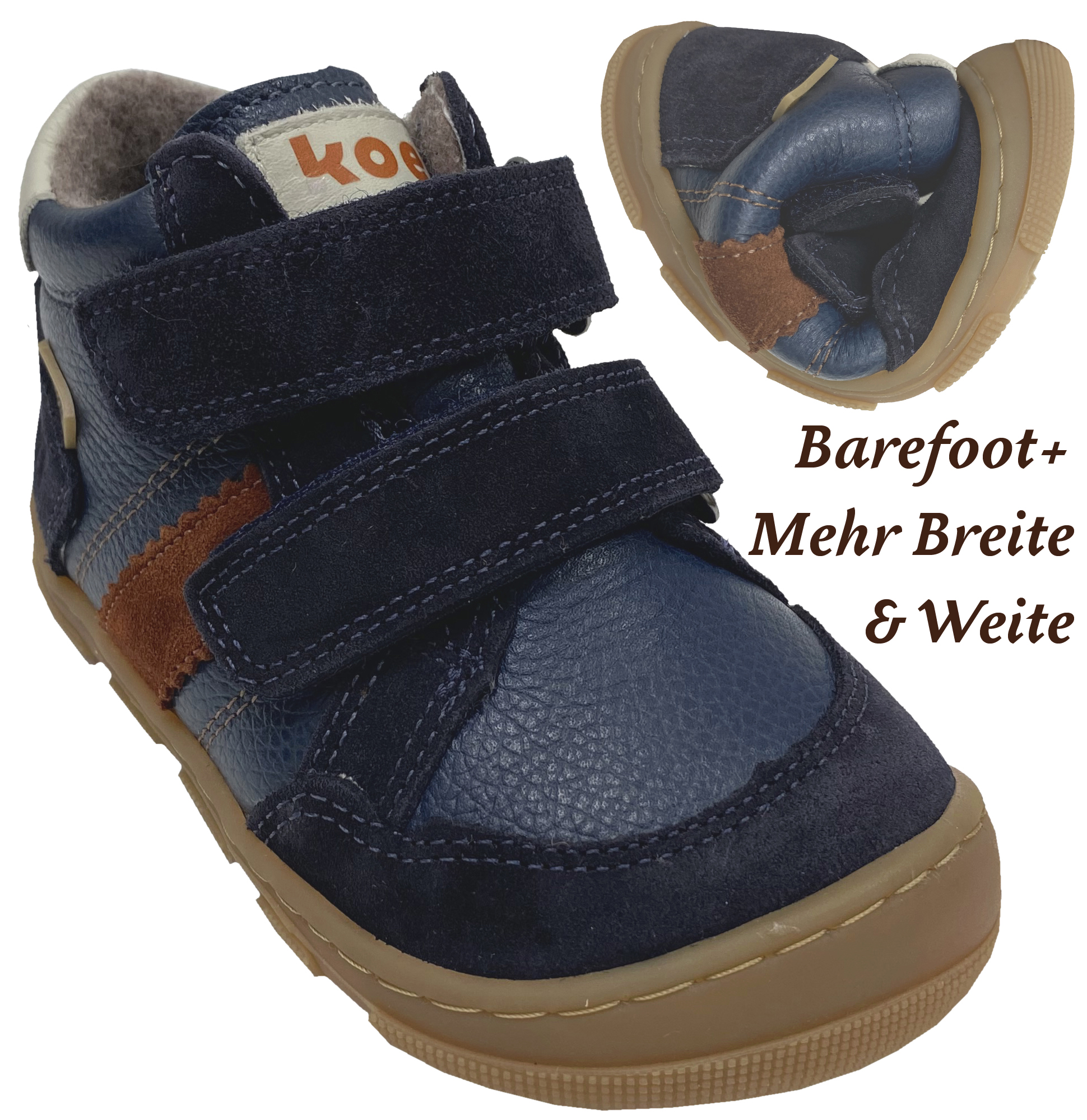 Leder Barfußschuhe mit Wollfleece Futter TEX Membran KOEL Barefoot *Kabriel 3.0 Navy* Extra Wide 15T008.123