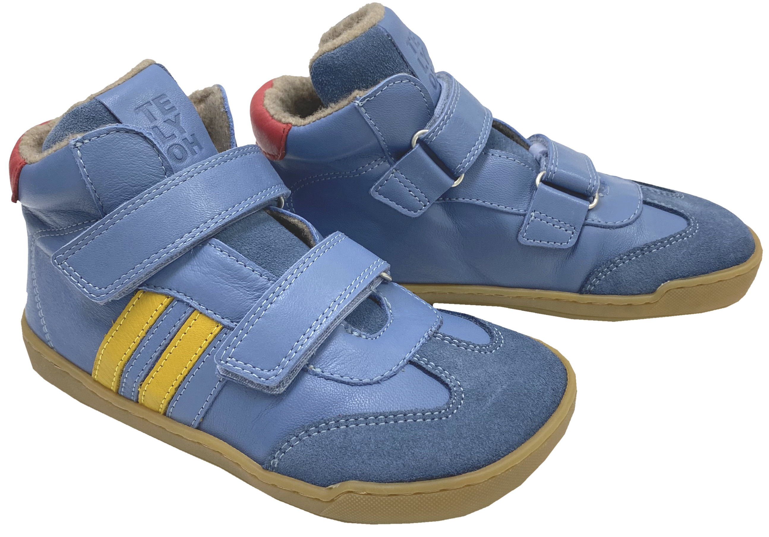 Mid Top Lederschuhe, Doppelklett & Wollfleece Futter v. TELYOH  Barefoot Runner Stripes in Jeans