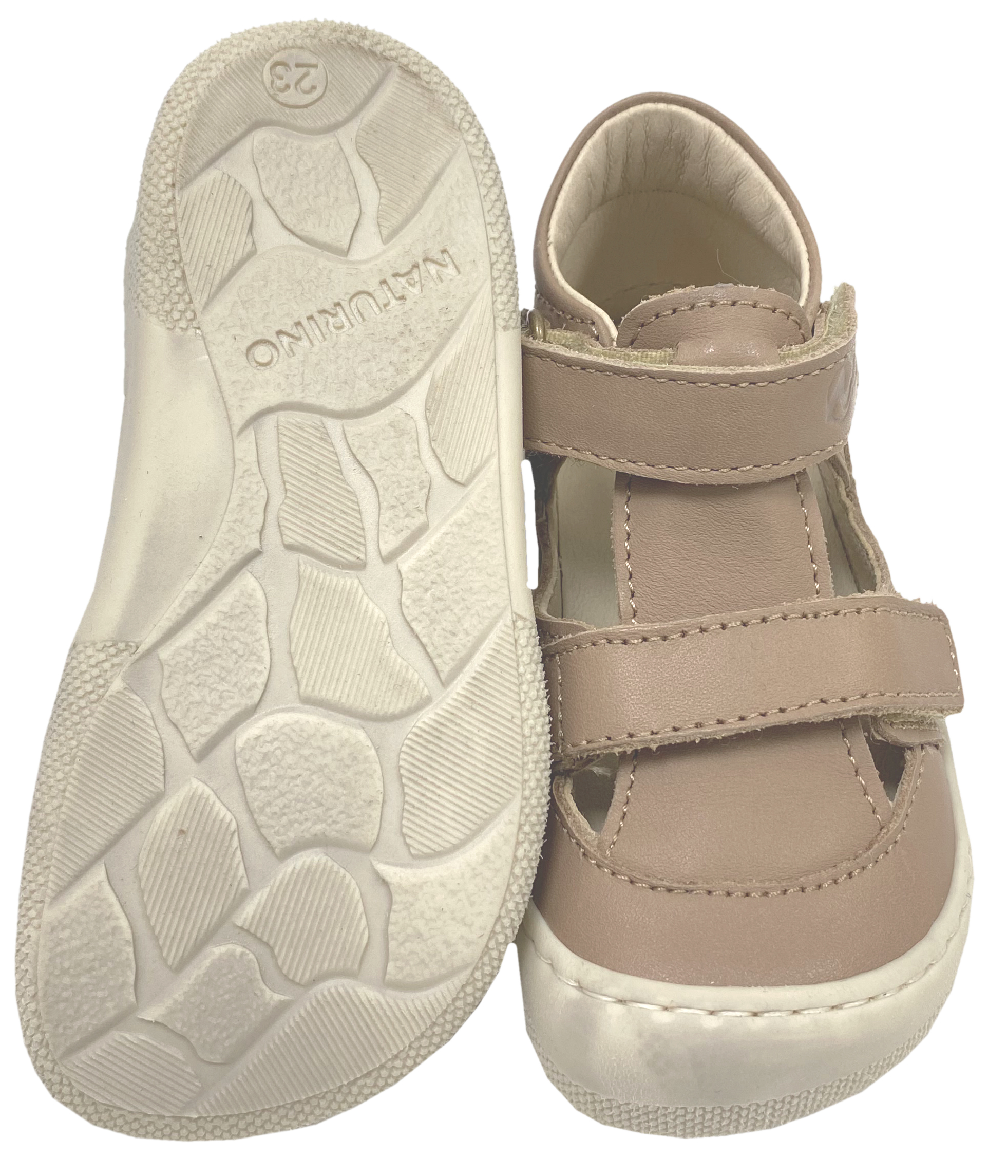 Halbsandale / Minimalschuhe aus Leder mit Doppelklett von NATURINO Barefoot "IRTYS" in Sand - Celeste
