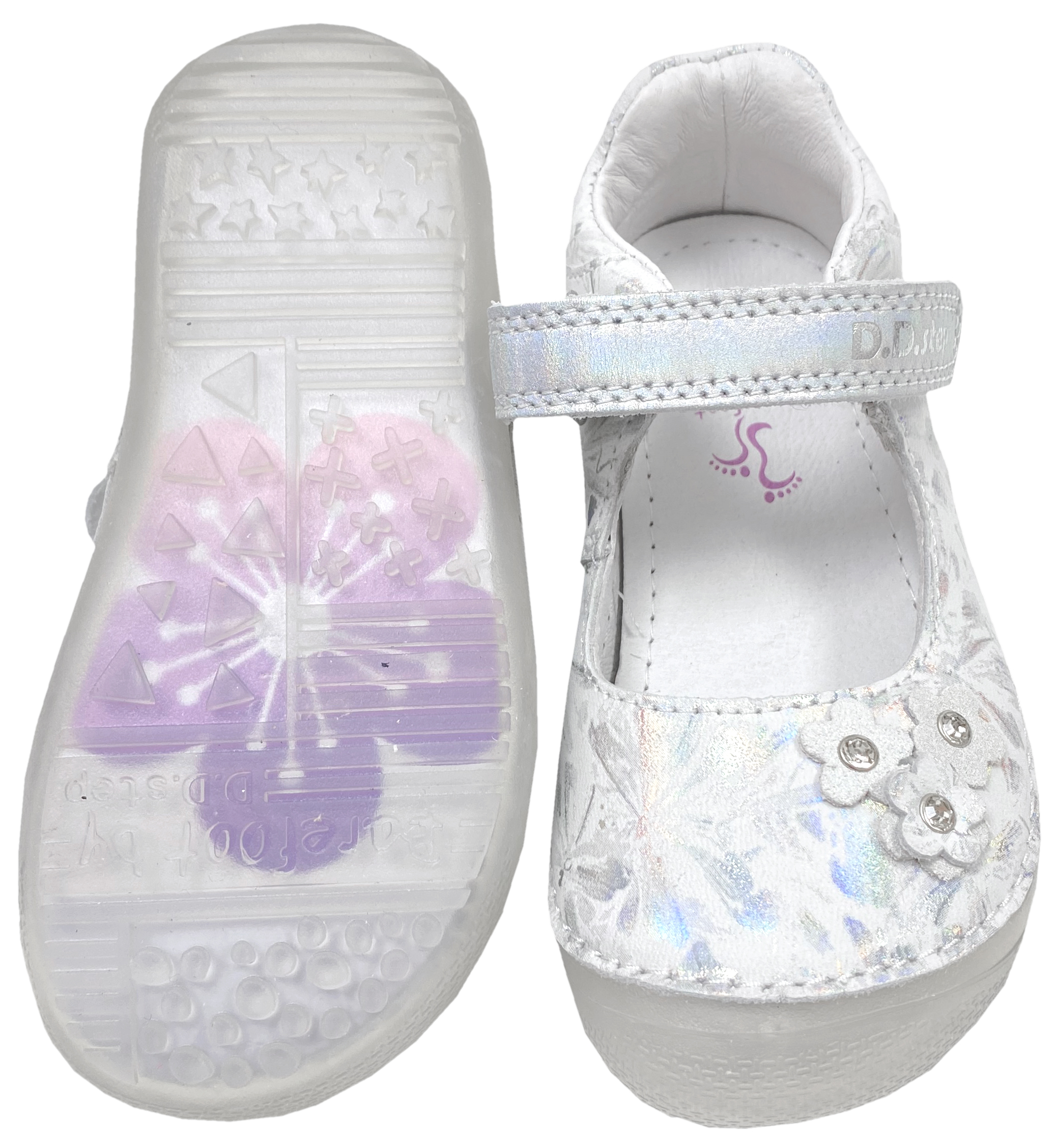 Leder Ballerina in Weiß / Silber Glitzer mit Klettriemen Minimalschuhe / Barfußschuhe von D.D.Step Barefoot