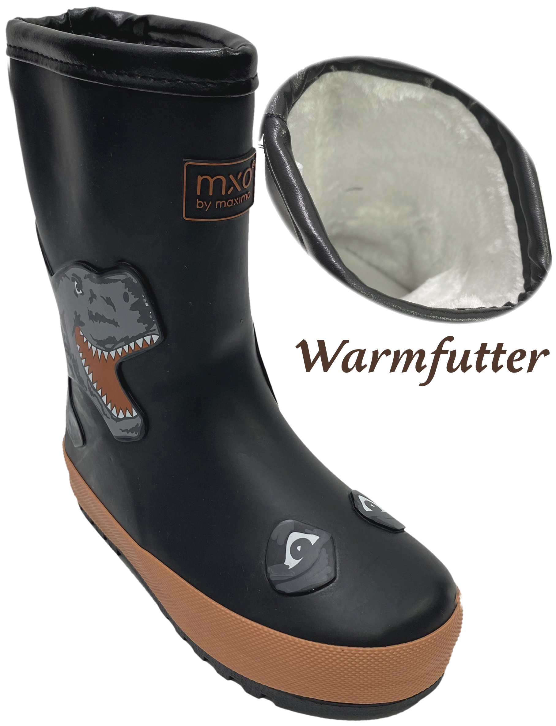 Mittelschaft Gummistiefel aus Naturkautschuk + Warmfutter in Schwarz mit DINO von MAXIMO 973065