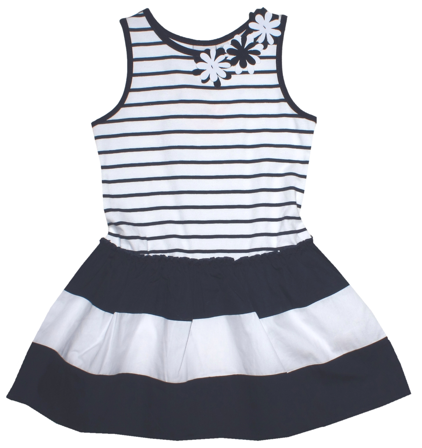 Maritimes Shirtkleid in Marine / Weiß gestreift mit breiten Trägern & Blütenbesatz von TOPO 12440-40